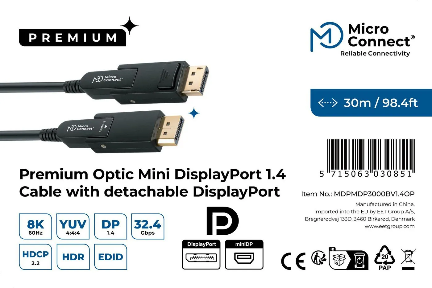 MicroConnect Premium Optic Active Mini DisplayPort &ndash; DisplayPort 1.4 -kaapeli, jossa 8K, 30 m, musta