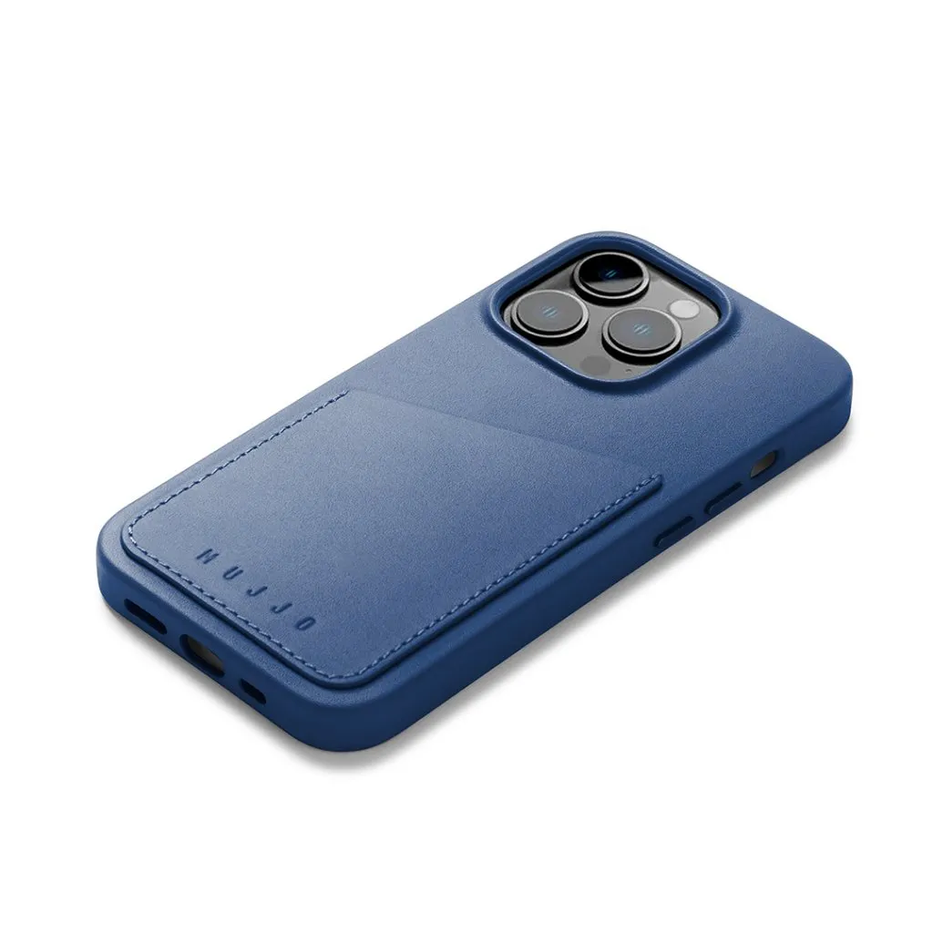 Mujjo Full Leather Wallet Case, iPhone 14 Pro -lompakkokotelo, Sininen