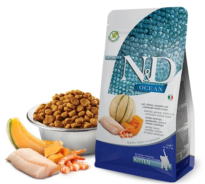 Farmina N&D Ocean Cod, Shrimp, Pumpkin & Cantaloupe Melon, Dry food for cats, Kitten, 1.5kg