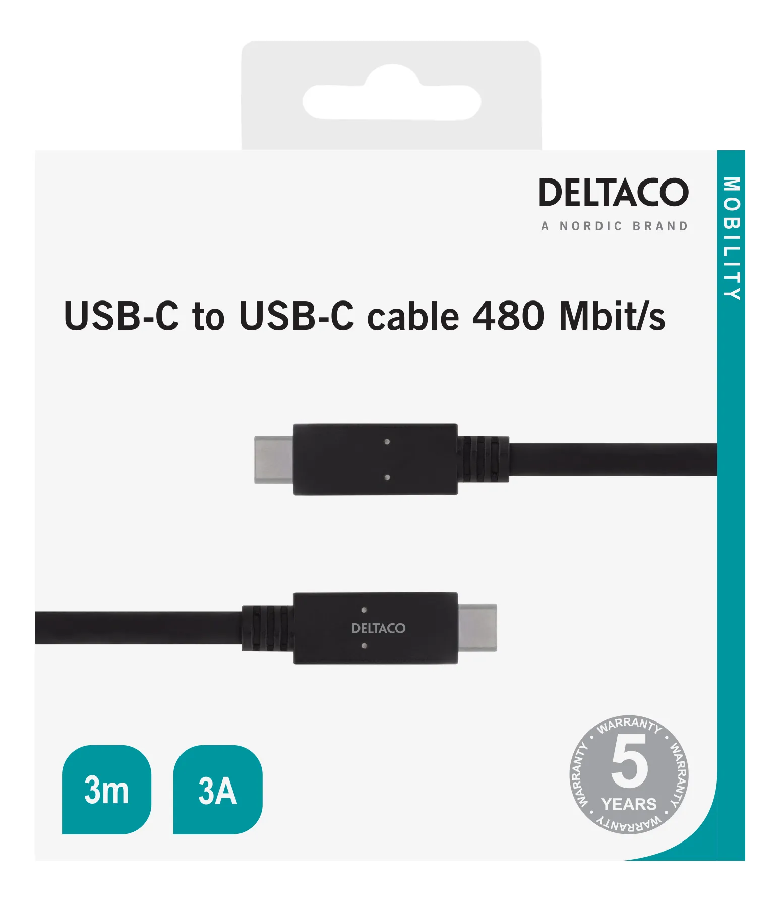 Deltaco Mobility USB-C &ndash; USB-C 2.0 -kaapeli, 3m, Musta