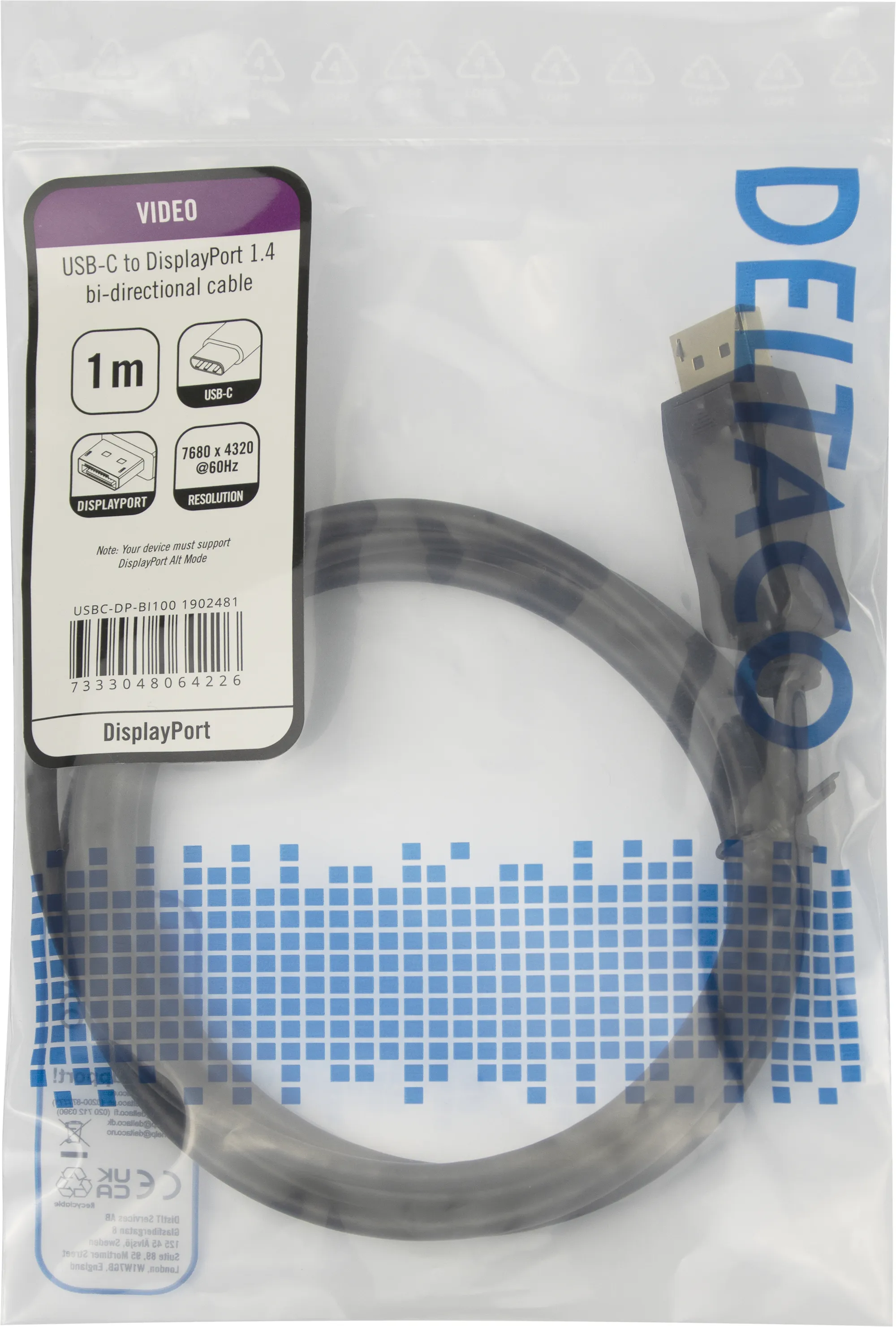 Deltaco USB-C - DP 1.4 cable, BiDirectional, 1m, musta