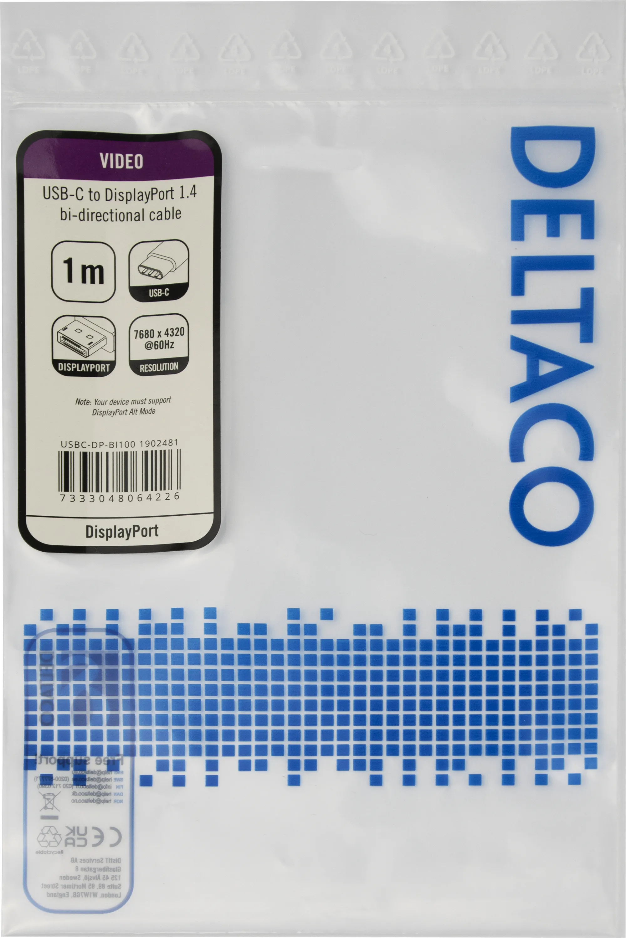 Deltaco USB-C - DP 1.4 cable, BiDirectional, 1m, musta