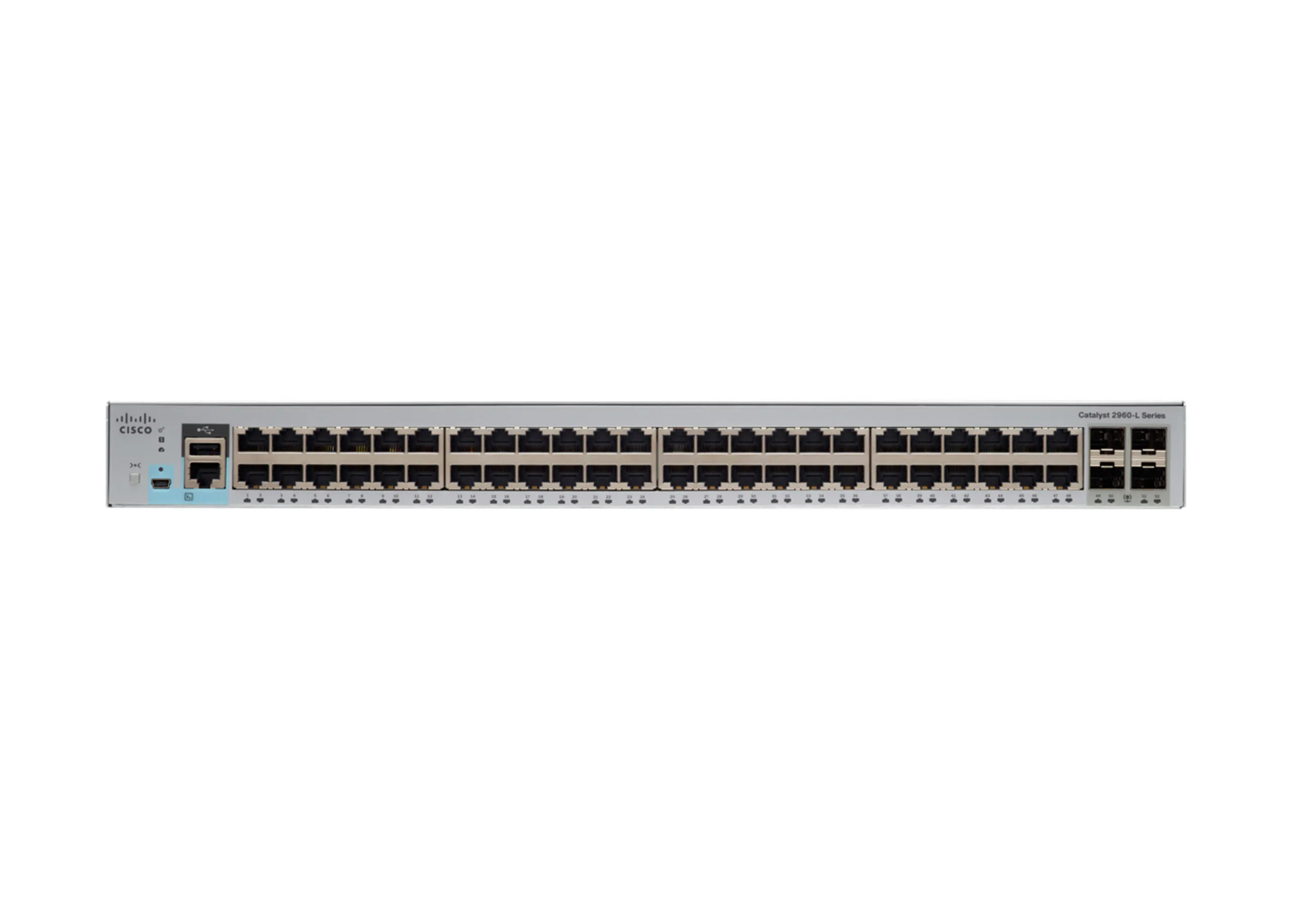 Cisco Catalyst 2960L-48TS-LL - Kytkin - Hallinnoitu - 48 x 10/100/1000 + 4 x Gigabit SFP (uplink) - ty&ouml;p&ouml;yt&auml;, r&auml;kkiin asennettava