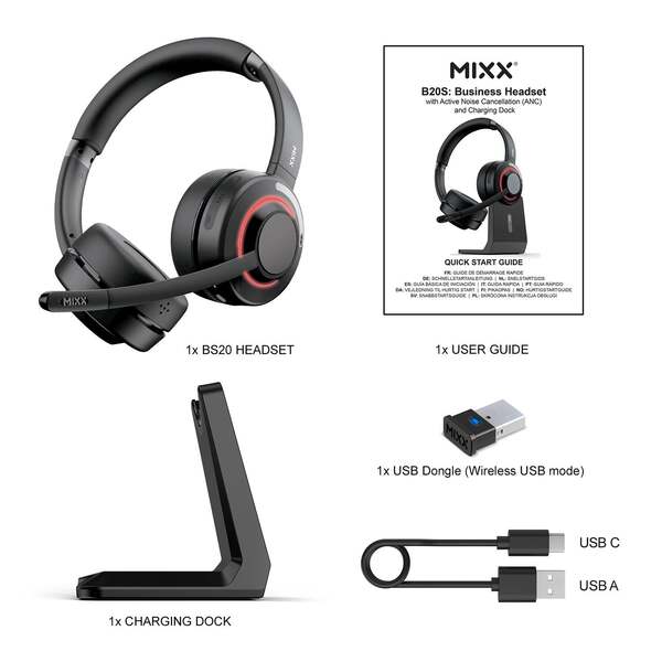 MIXX HB20S tr&aring;dl&ouml;s headset + laddst&auml;llning, svart