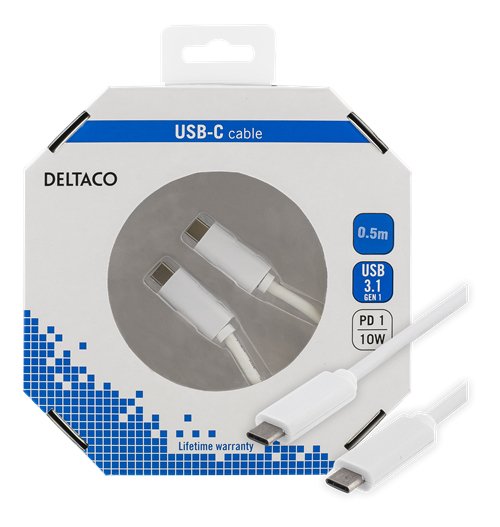 Deltaco USB-C &ndash; USB-C 3.2 Gen 1 - cable, 0.5 m, White