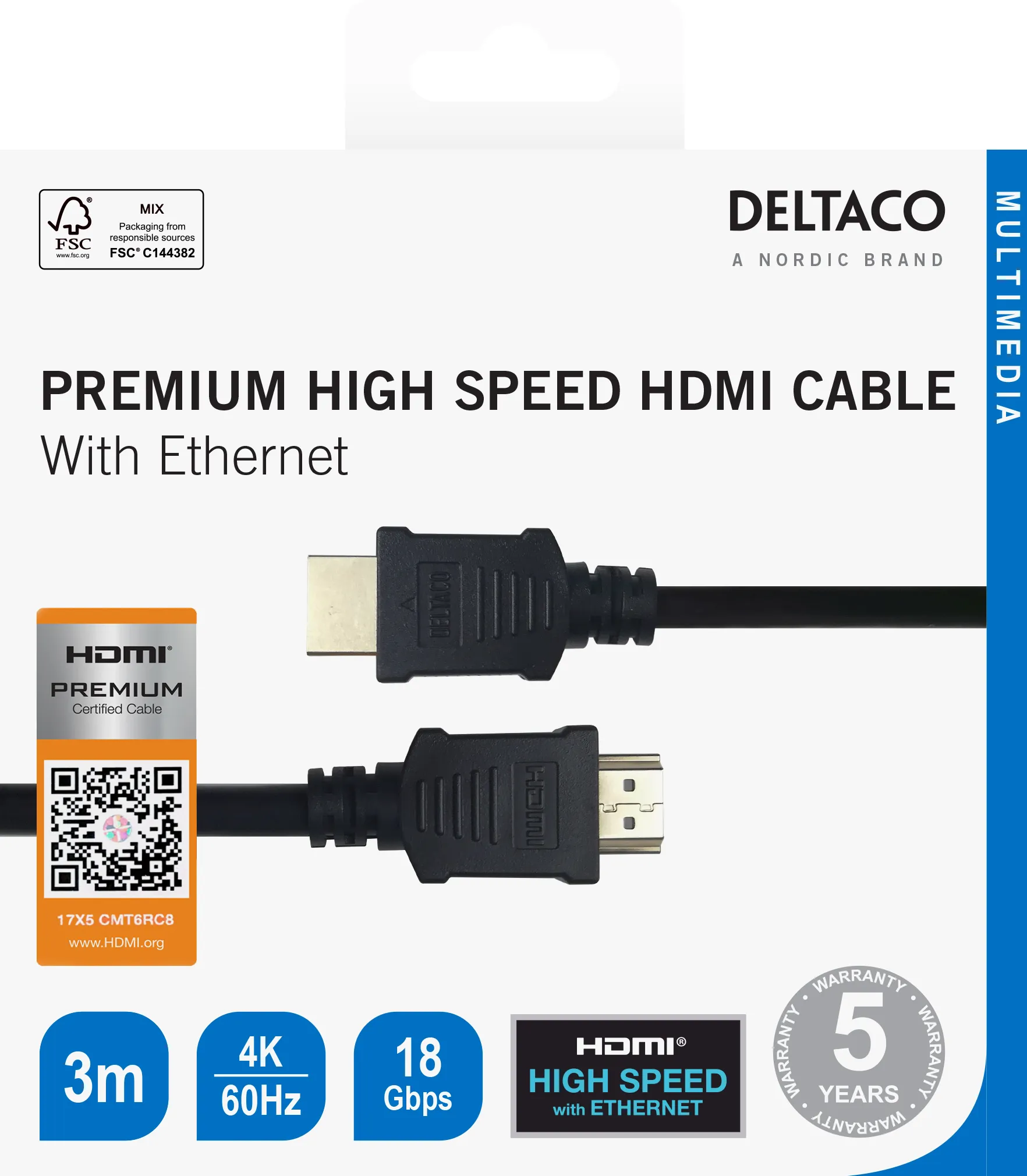 Deltaco Premium-sertifioitu nopea HDMI-kaapeli Ethernetillä, 3 m, musta