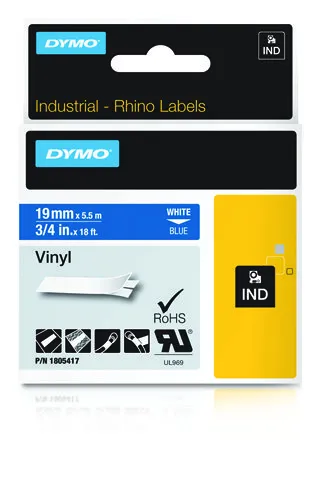 DYMO Rhino Professional, 19mm, m&auml;rkbar vinyltejp, vit text bl&aring; tejp