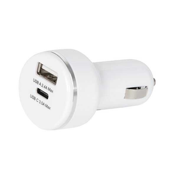 Autolaturi 15W USB-A+USB-C, valkoinen