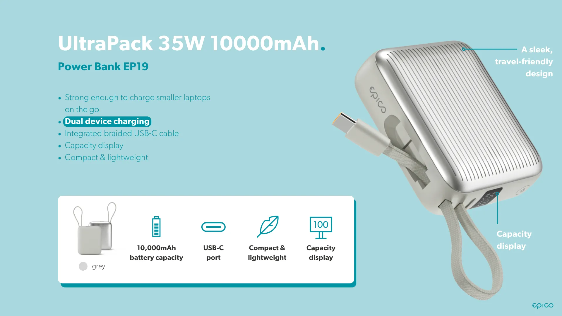 Epico UltraPack 35W 10000mAh Power Bank EP19 - grå Epico UltraPack 35W 10000mAh Power Bank EP19 - grå