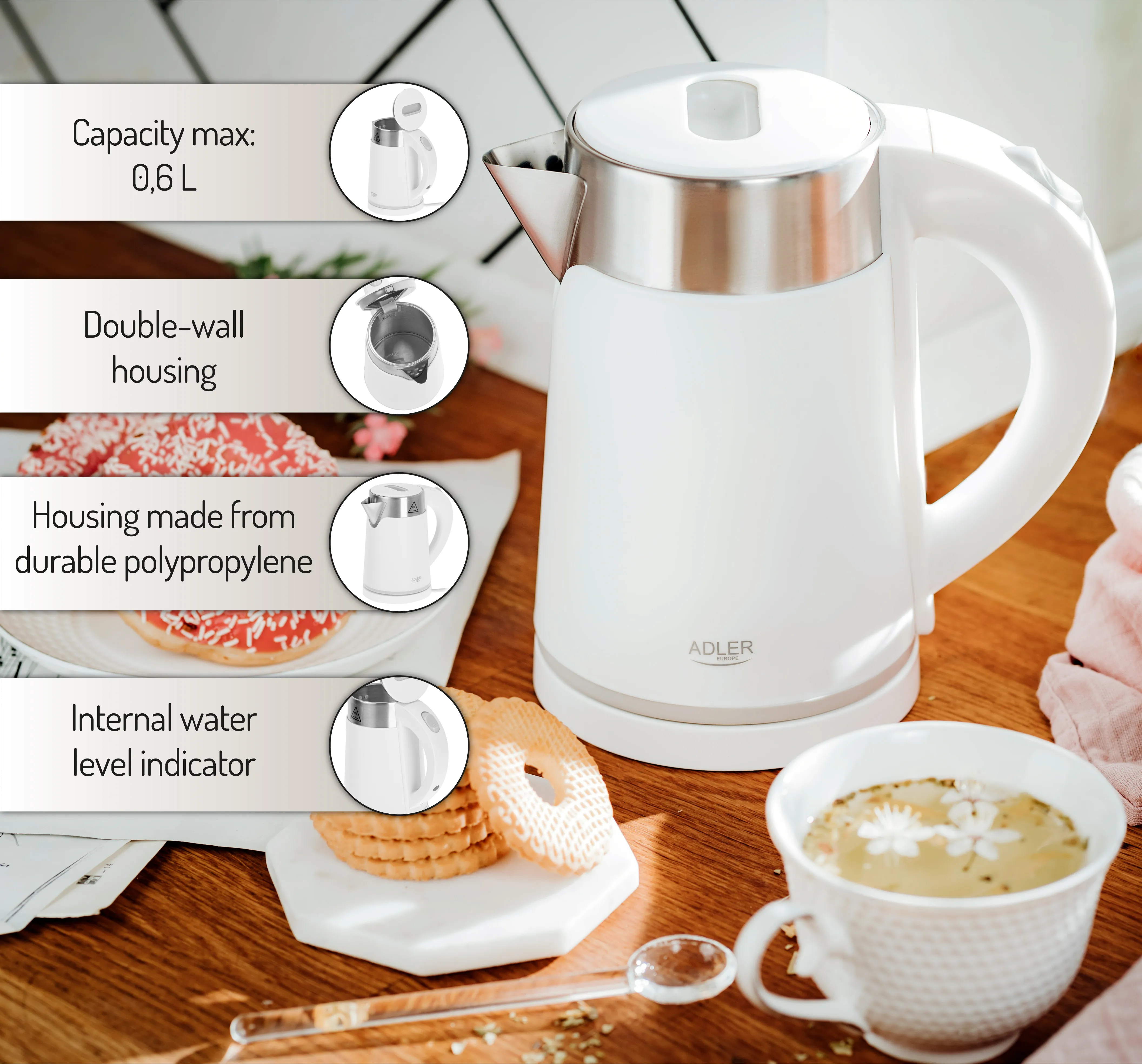 ADLER AD 1372w kettle, 0.6L, 800W, White