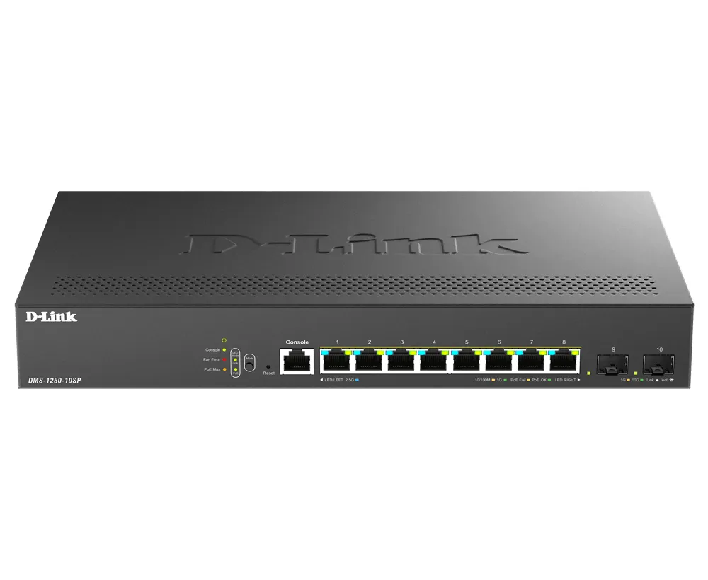 D-Link DMS-1250-10SP/E - Administrerad Multi-Gigabit PoE-switch, svart