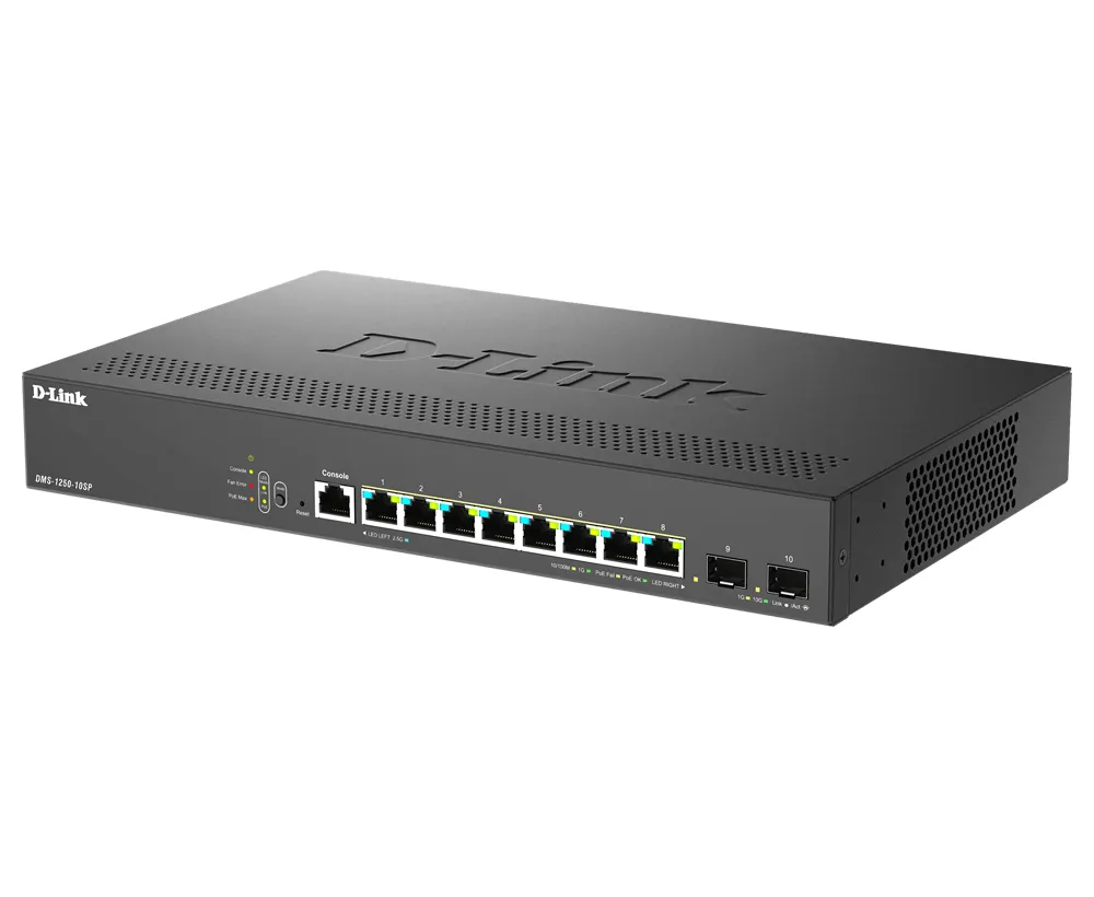 D-Link DMS-1250-10SP/E - Administrerad Multi-Gigabit PoE-switch, svart