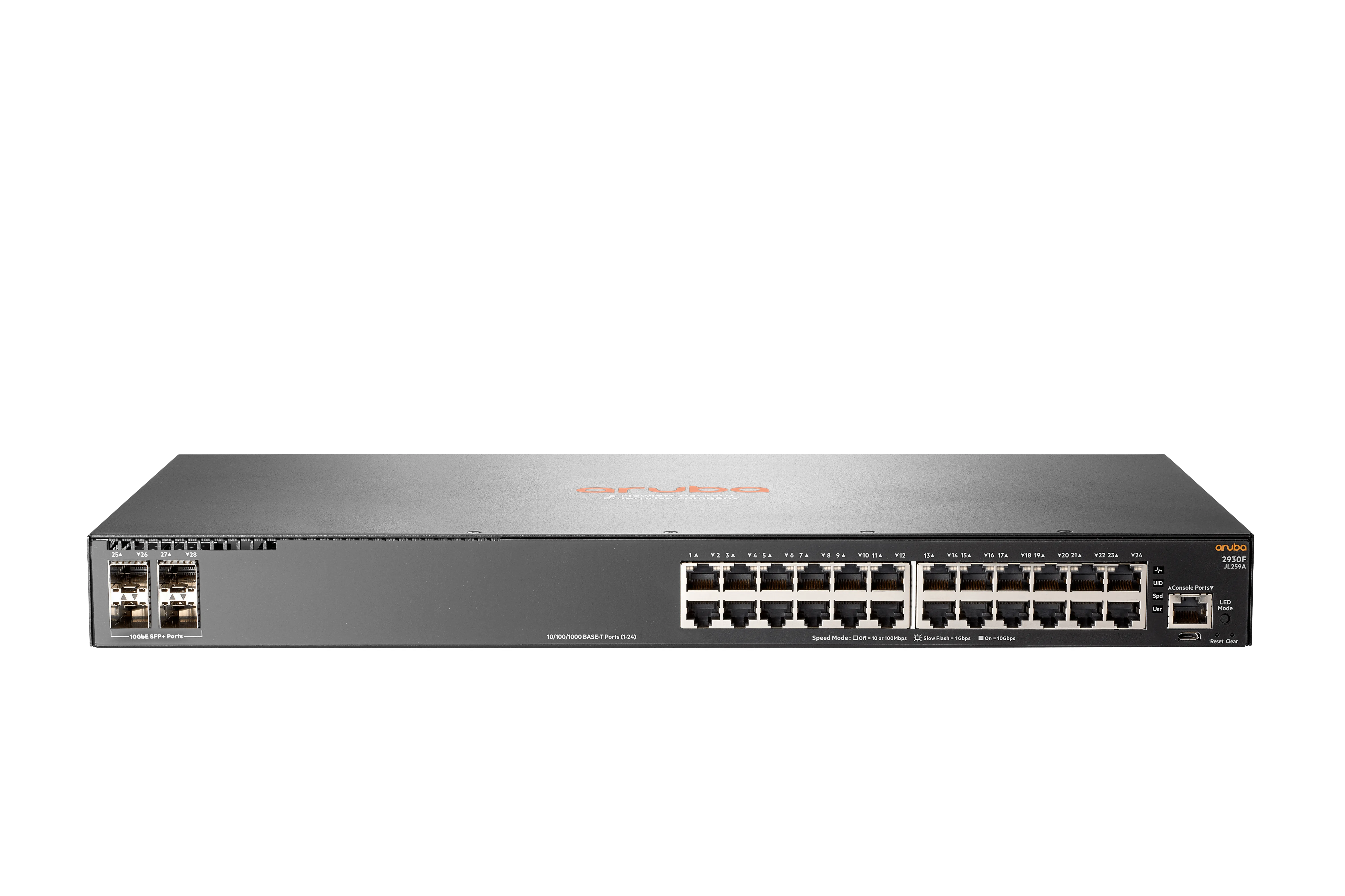 HPE Aruba 2930F 24G 4SFP Basic Layer3 Switch (JL259A) with 24x 10/100/1000T + 4x SFP 1 GbE ports.Switching capacity 128 Gbps, Throughput up to 95.2 Mpps, Packet