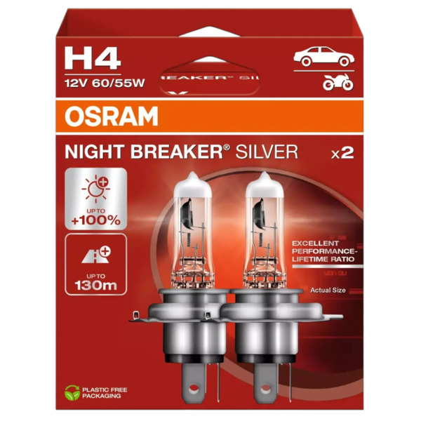 OSRAM Night Breaker Silver H4 60/55W 12V halogeeniset ajovalon polttimot, 2 kappaletta