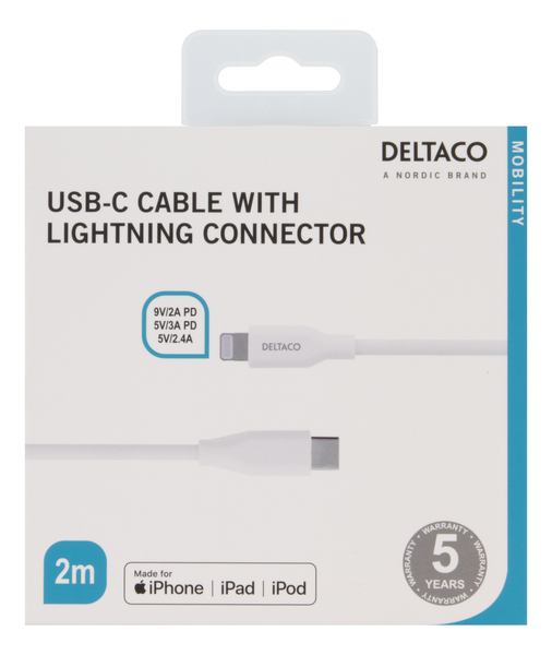 Deltaco USB-C - Lightning - kabel, 2 m, Vit