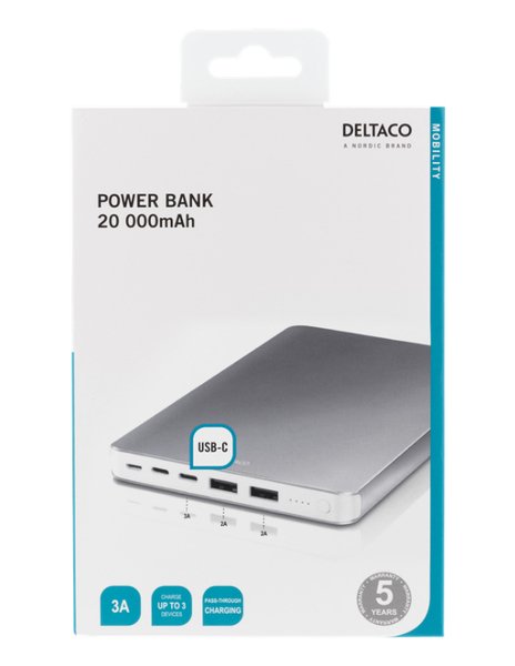 Deltaco 20 000 mAh - Power Bank, silver