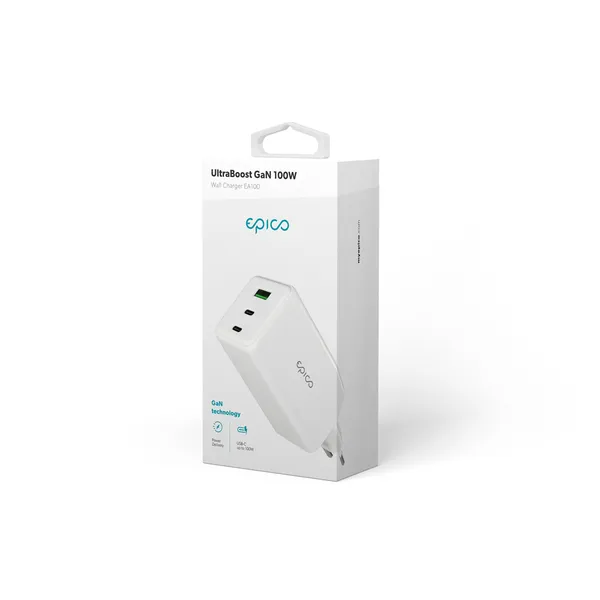 Epico UltraBoost GaN 100W Wall Charger EA100 | White | 2 &times; USB-C PD  &amp;  1 &times; USB-A