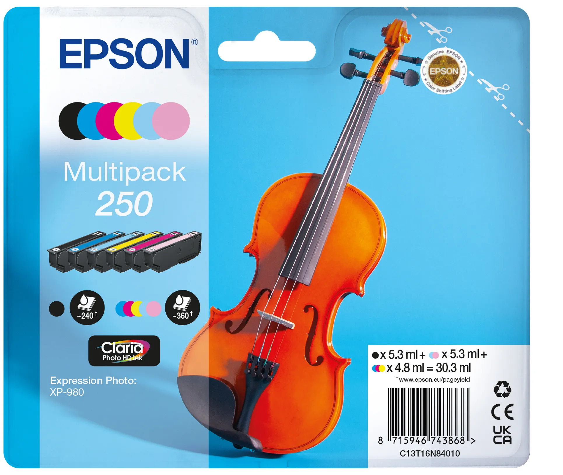 Epson 250 -mustekasettipakkaus, musta/syaani/vaaleasyaani/magenta/vaaleamagenta/keltainen, 6 kpl