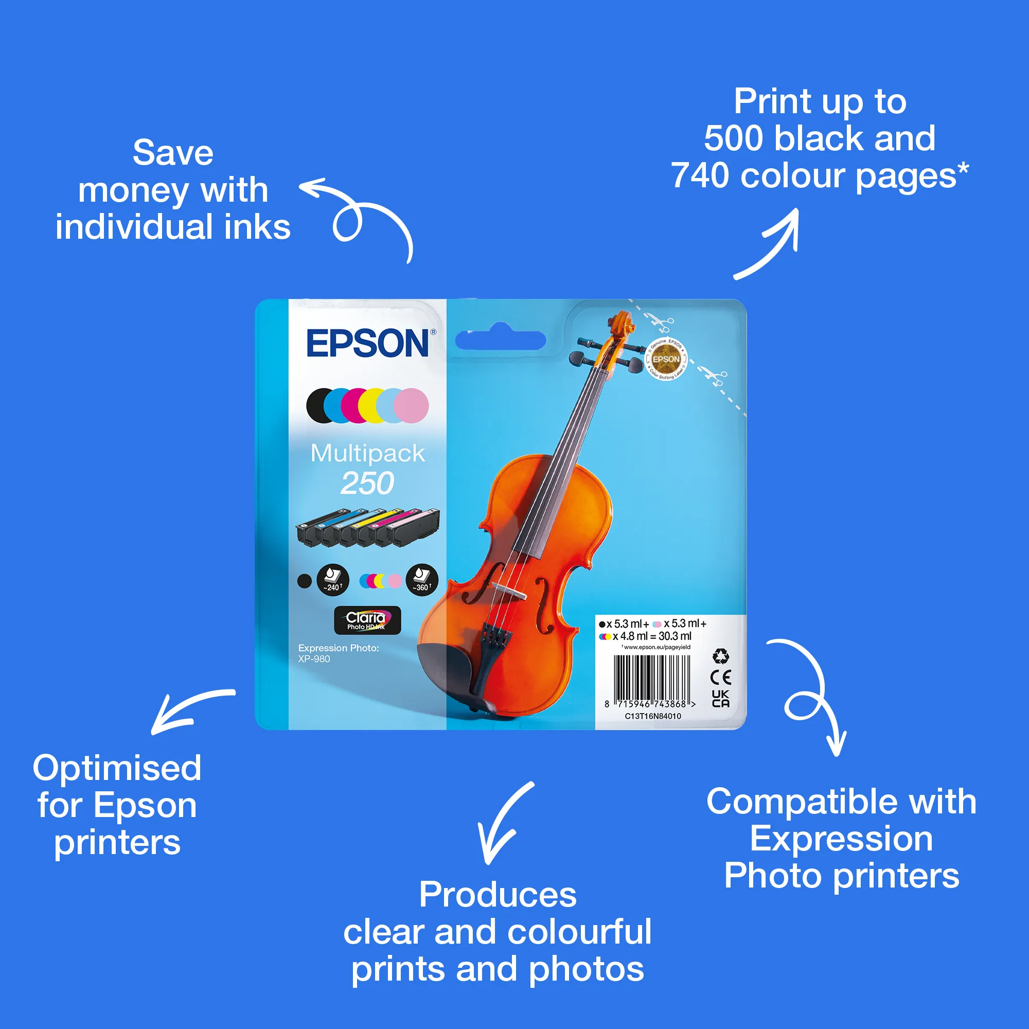 Epson 250 -mustekasettipakkaus, musta/syaani/vaaleasyaani/magenta/vaaleamagenta/keltainen, 6 kpl