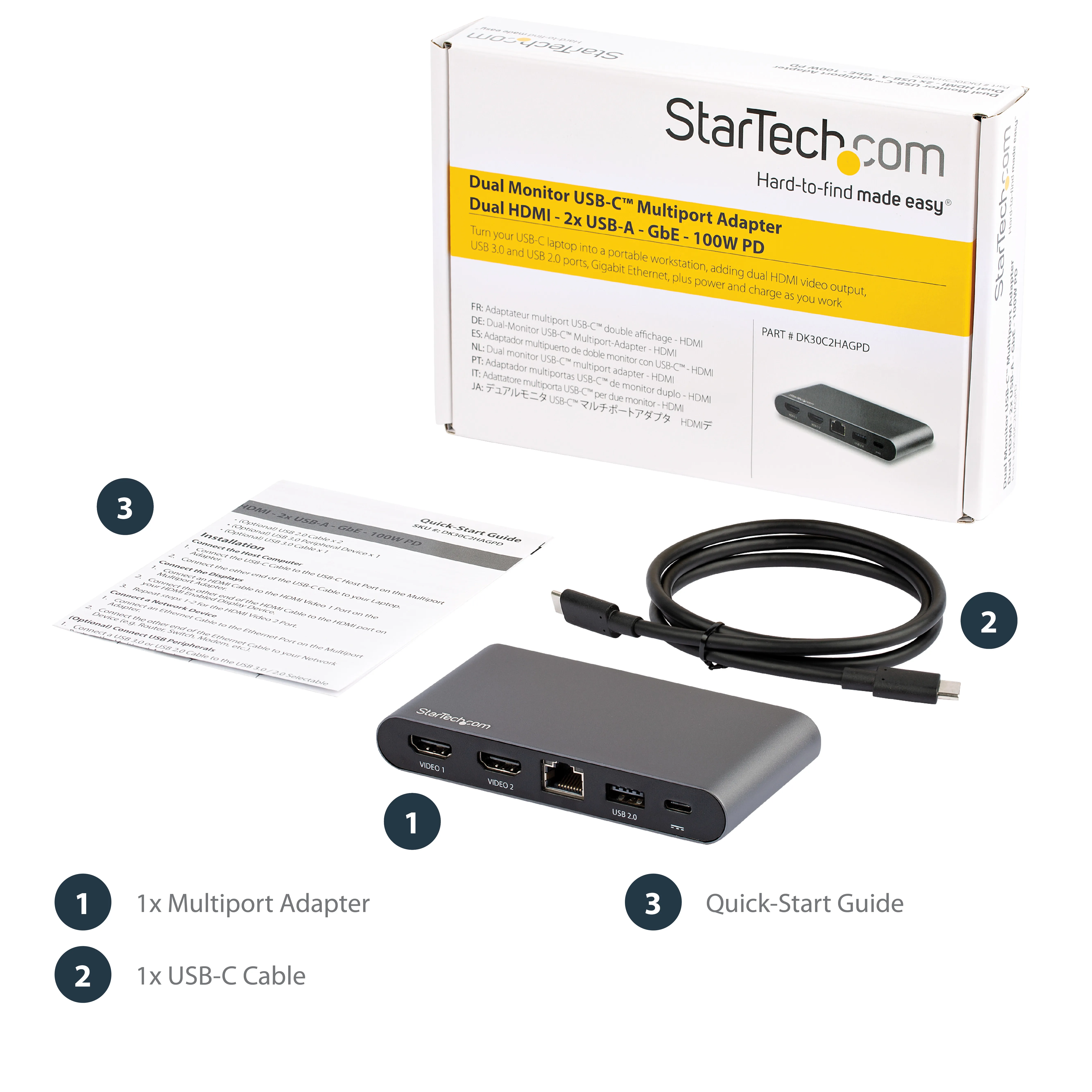 STARTECH.COM USB-C Multiport Adapter - Dual-Monitor - Windows - USB-C to Dual 4K HDMI Adapter - 2x USB-A Ports - 100W PD 3.0 - GbE