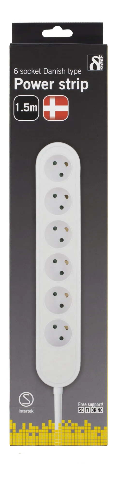 DELTACO tanskalainen jatkojohto, 6 pistorasiaa, 1,5m, valkoinen