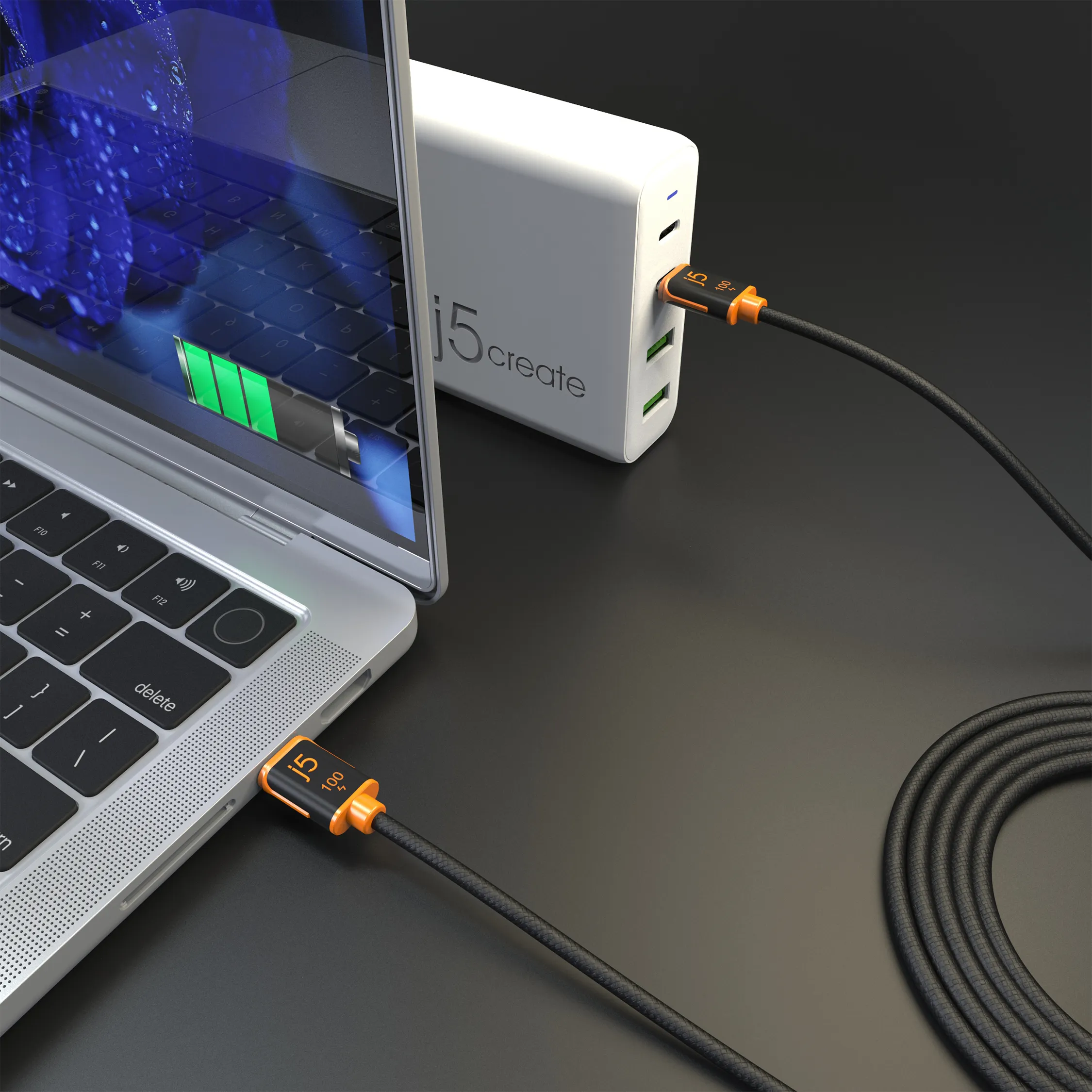 j5create JUCX25L18-N USB-C -kaapeli, 100 W, 1,8 m, musta, oranssi