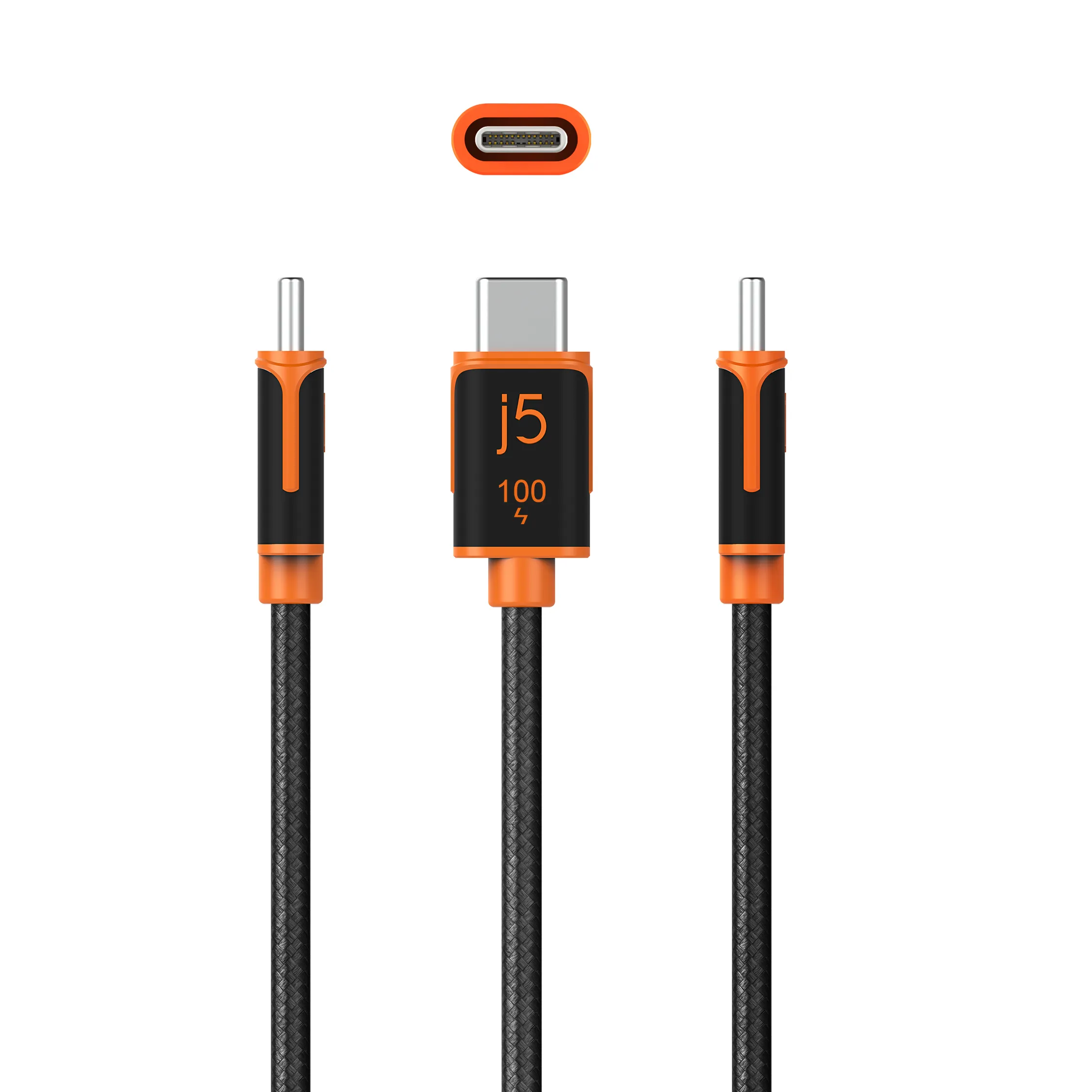 j5create JUCX25L18-N USB-C -kaapeli, 100 W, 1,8 m, musta, oranssi