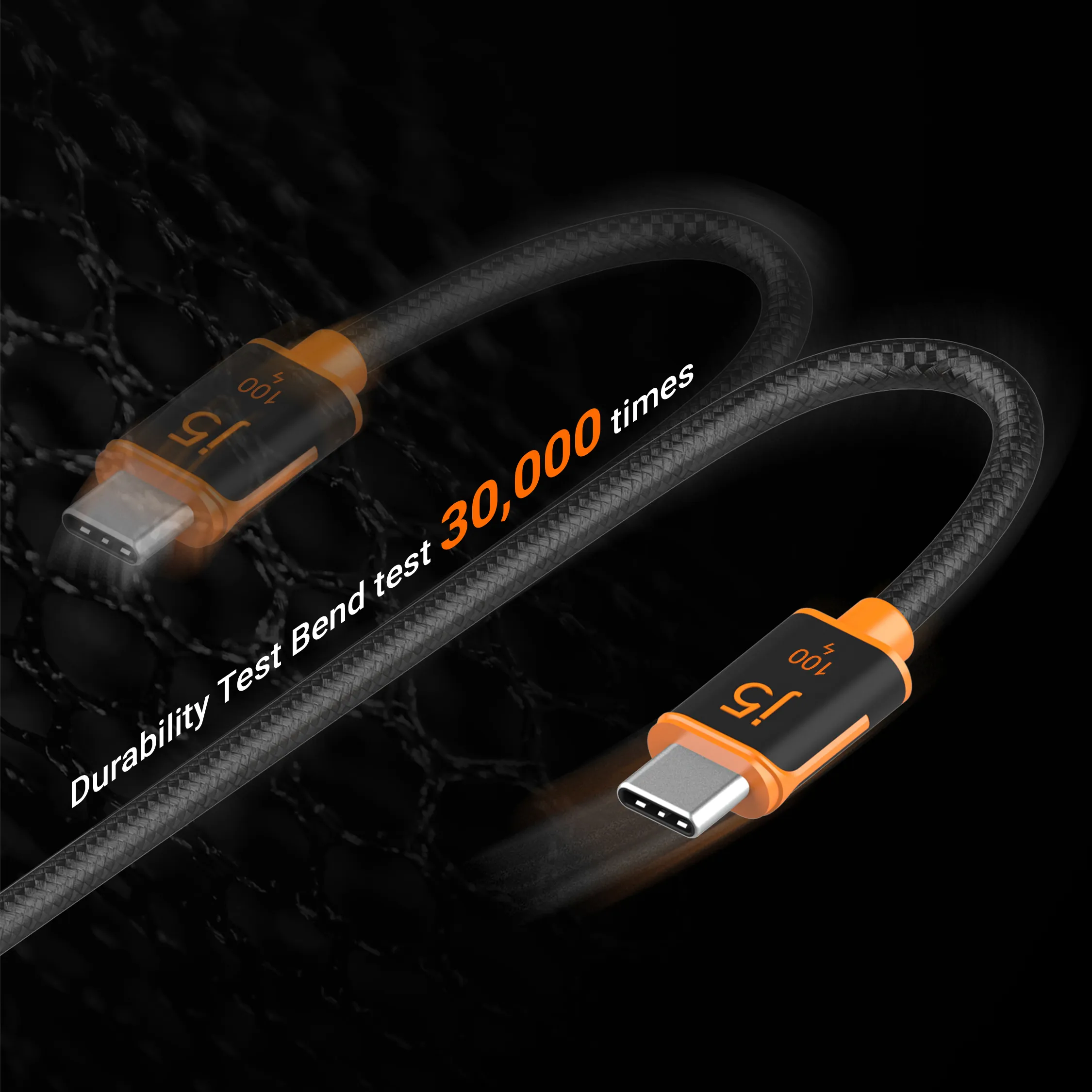 j5create JUCX25L30-N USB-C -kaapeli, 100 W, 3 m, musta, oranssi