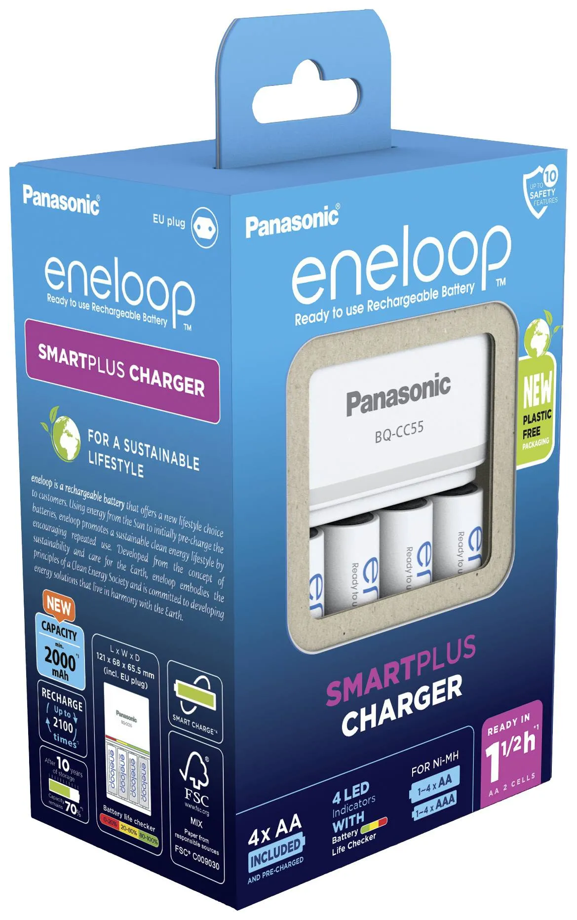 Panasonicin laturi BQ-CC55 (sis. 4x eneloop pro AA-paristoa)