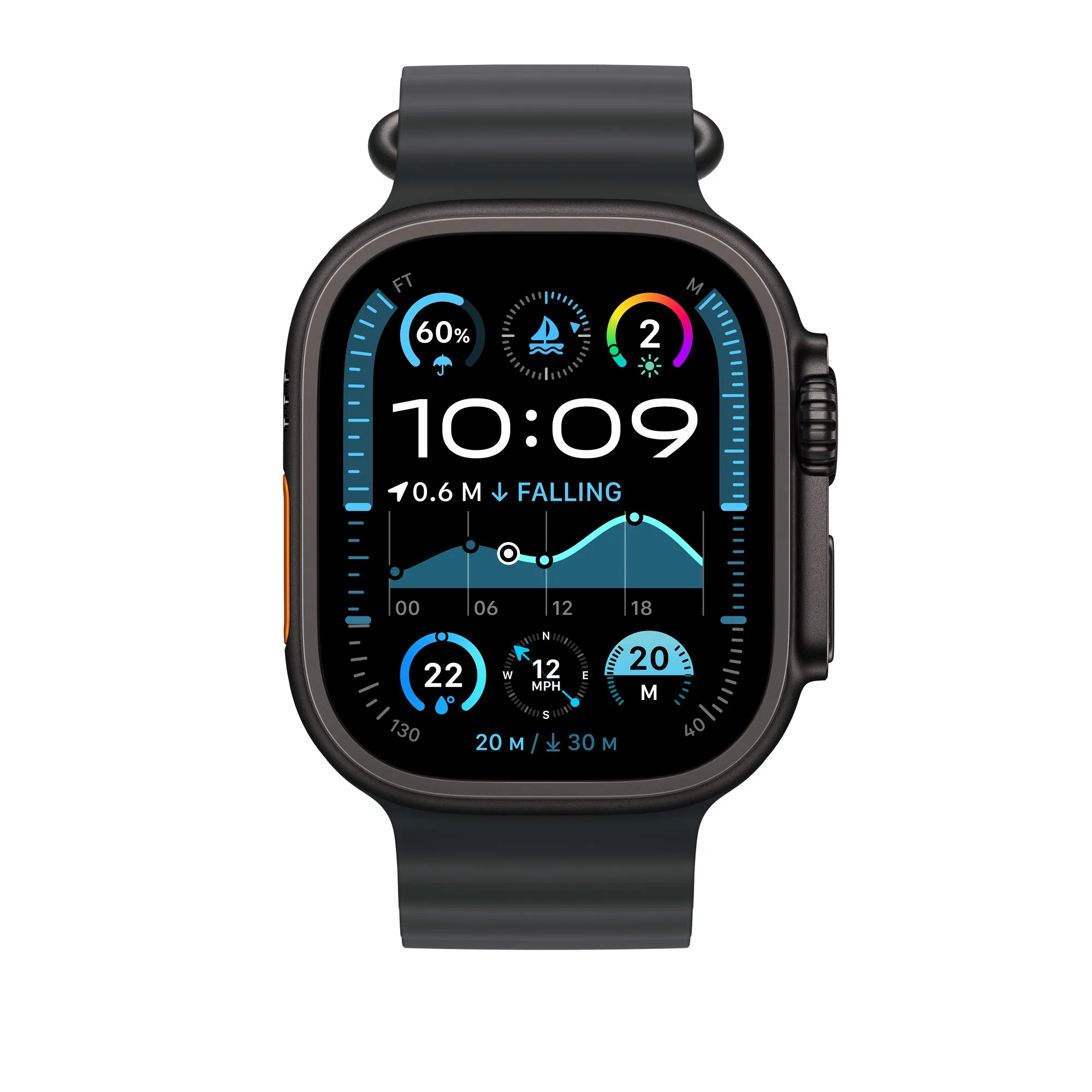 Apple Watch 49 mm -Ocean-ranneke, Musta / Mustatitaani