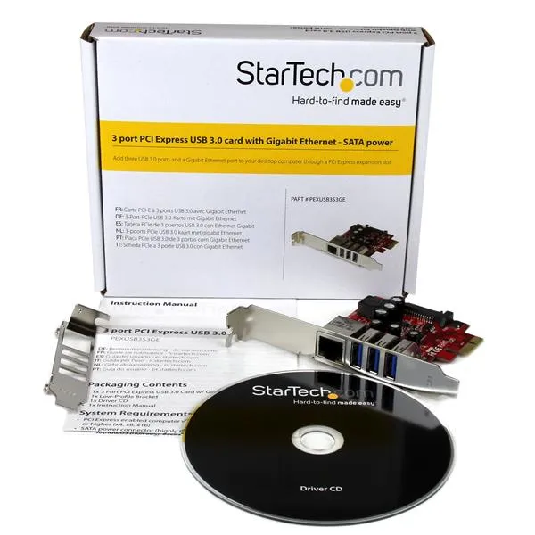 StarTech PEXUSB3S3GE 3-porttinen USB 3.2 Gen 1 + Gigabit Ethernet PCI Express -sovitinkortti