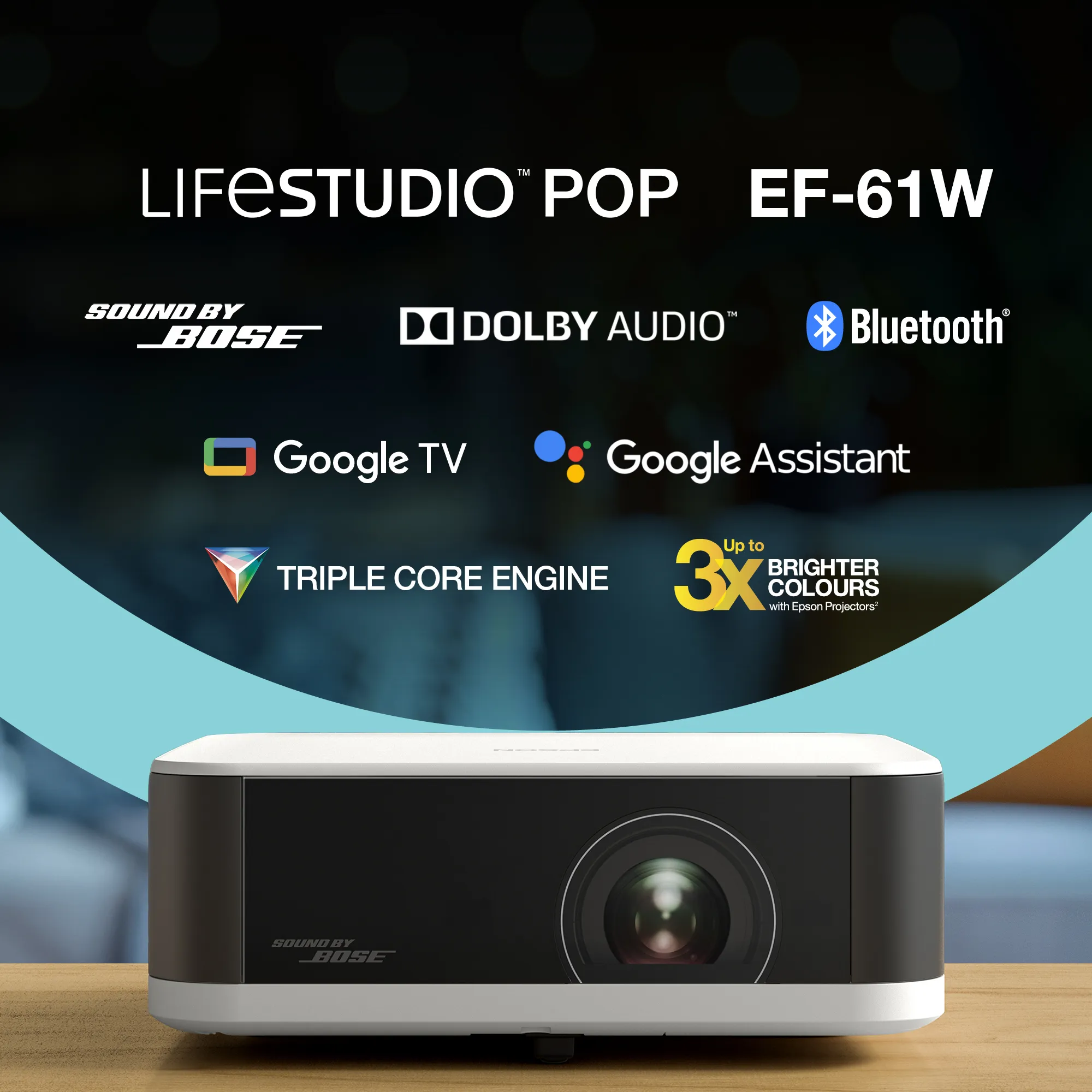 Epson Lifestudio Pop EF-61W Google TV 3LCD Full HD 700 ANSI lm Portable LED Projector, White