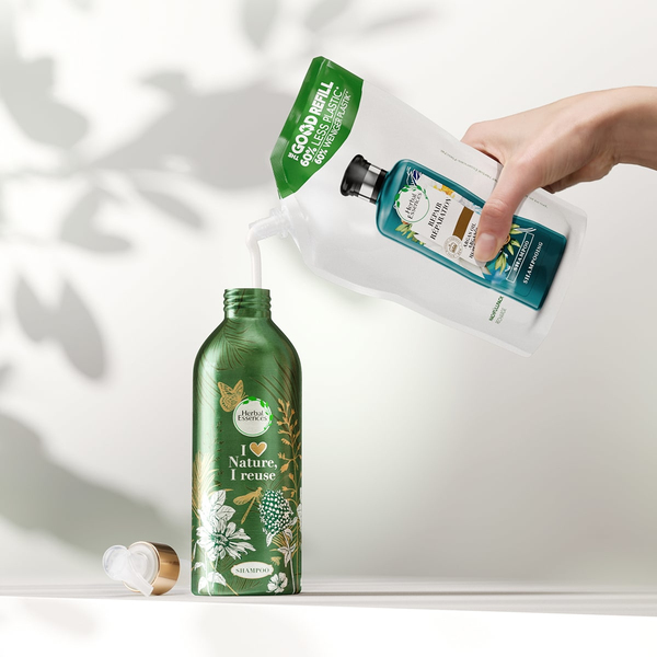Uutuus! Herbal Essences Repair -Shampoo Good Refill 60 % v&auml;hemm&auml;n muovia, sis&auml;lt&auml;&auml; marokkolaista argan&ouml;ljy&auml;, 480ml