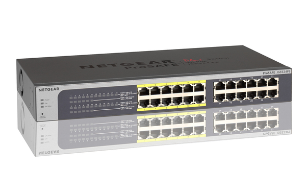 NETGEAR ProSafe Plus JGS524PE - Kytkin - hallitsematon - 12 x 10/100/1000 (PoE) + 12 x 10/100/1000 - ty&ouml;p&ouml;yt&auml;, r&auml;kkiin asennettava - PoE (100 W)