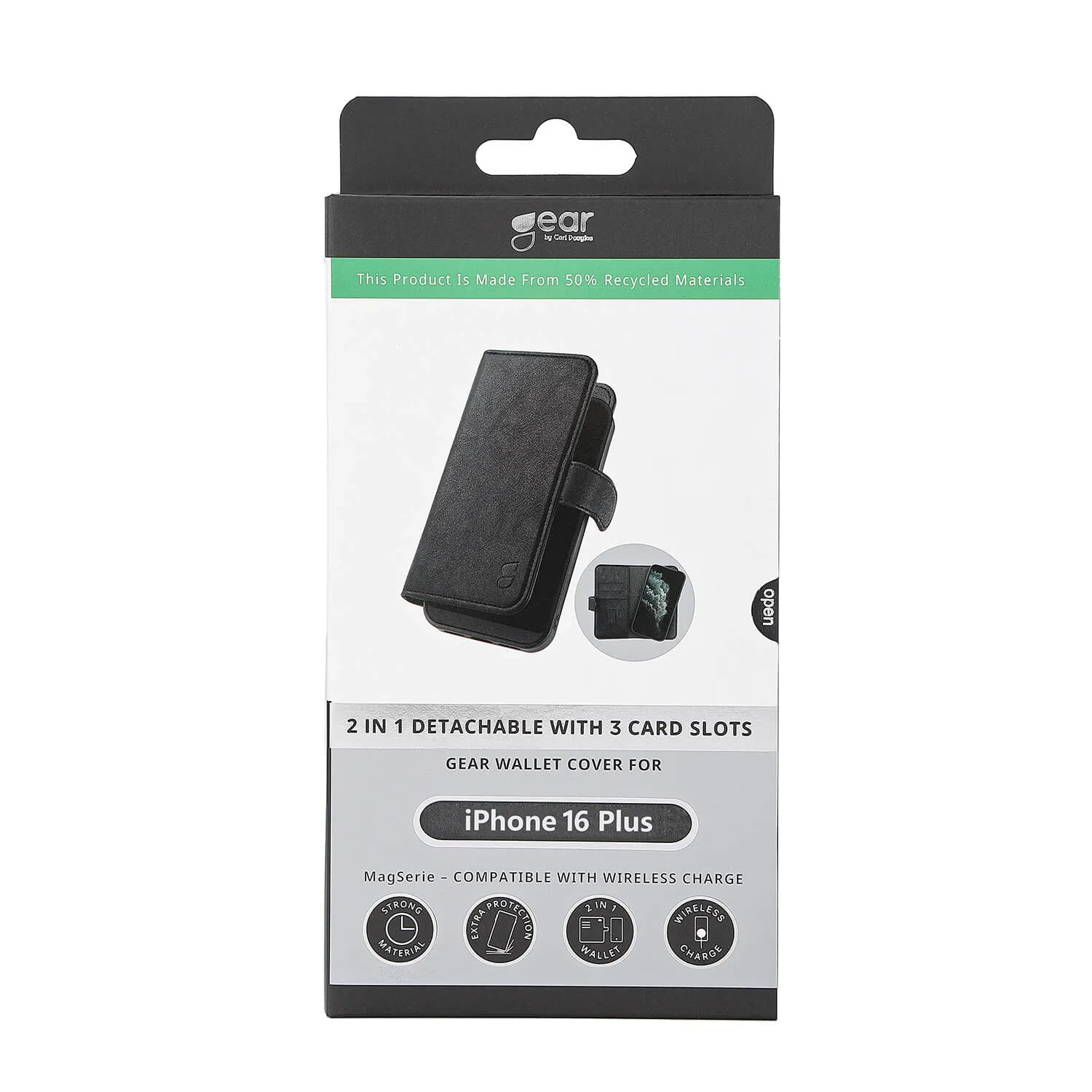 GEAR Wallet MagSeries, iPhone 16 Plus - 2-in-1 lompakkokotelo, Musta