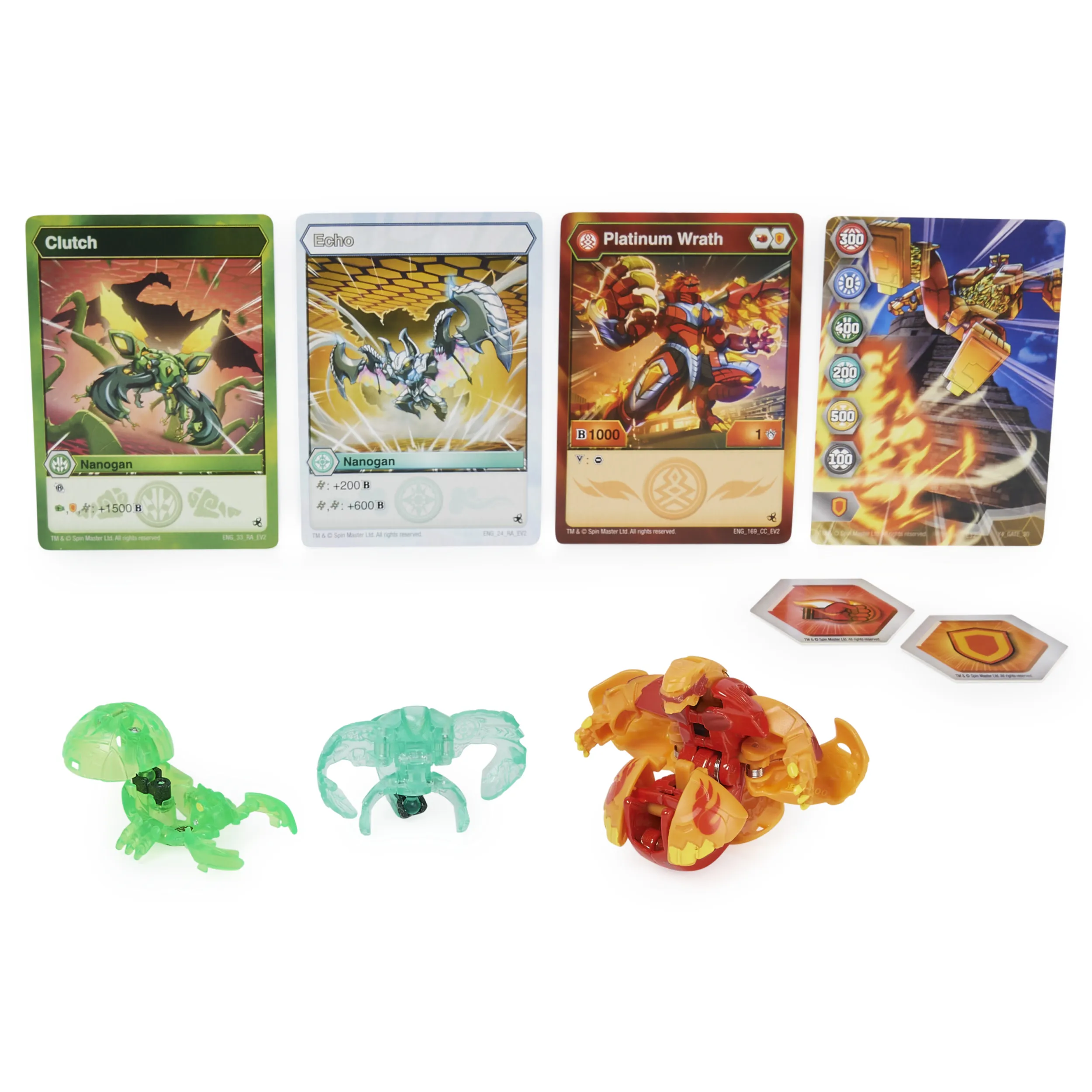 Spin Master Bakugan Evolutions Power Up 3-Pack Skill Game (with 1 Platinum Bakugan (Pyrus Wrath) and 2 Nanogan (Ventus Clutch, Haos Echo))