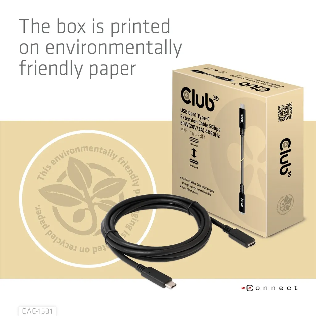 Club 3D CAC-1531 USB-C f&ouml;rl&auml;ngningskabel, 60 W, 1 m, svart