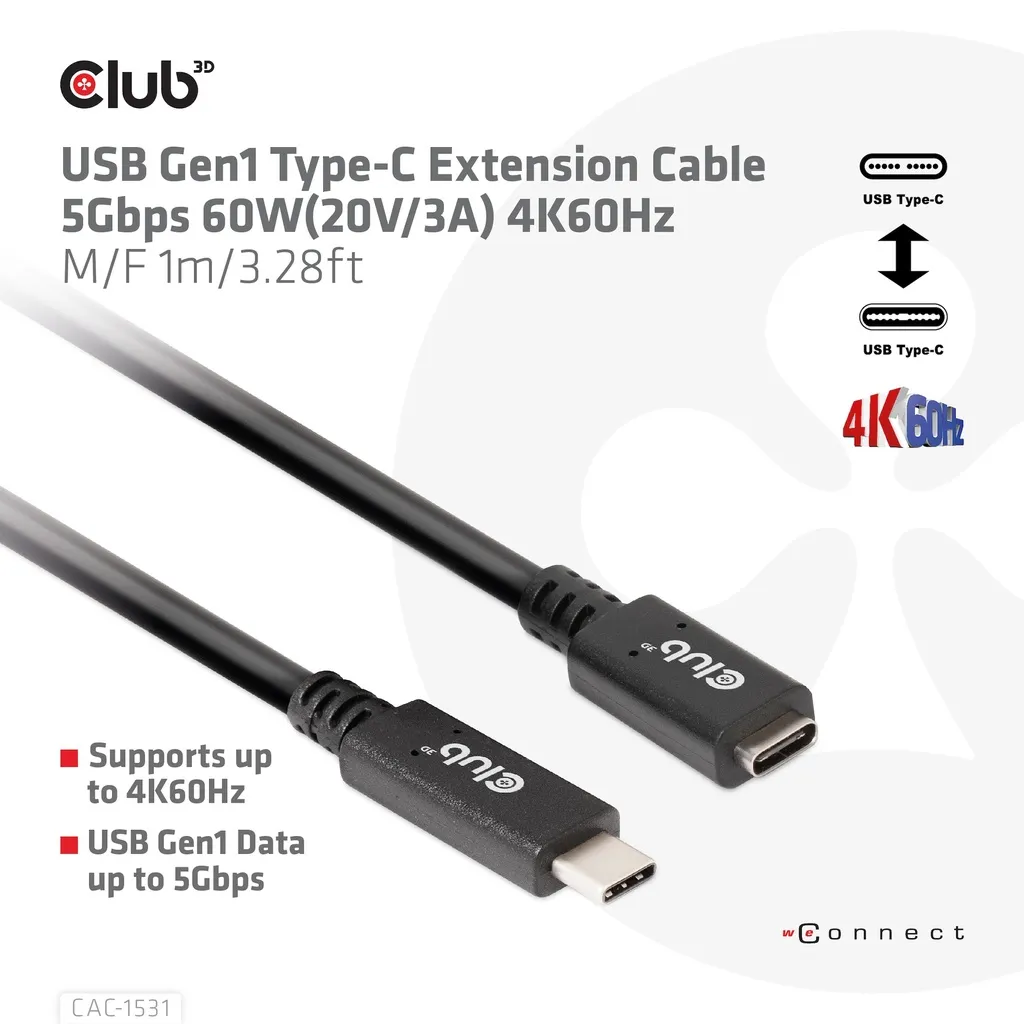 Club 3D CAC-1531 USB-C -jatkokaapeli, 60 W, 1 m, musta