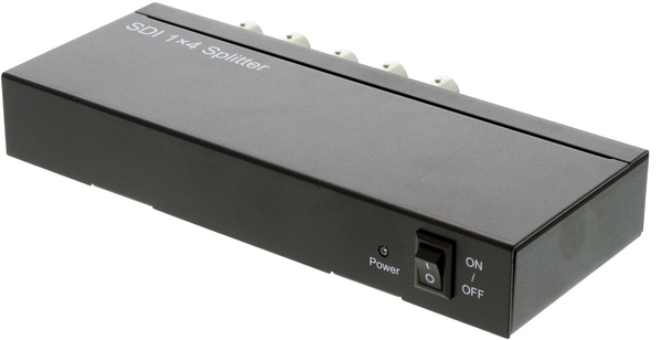 SDI-jakaja 1 - 4, 3G/HD-SDI, 1080p, 12 bitti&auml;, BNC, metalli, musta