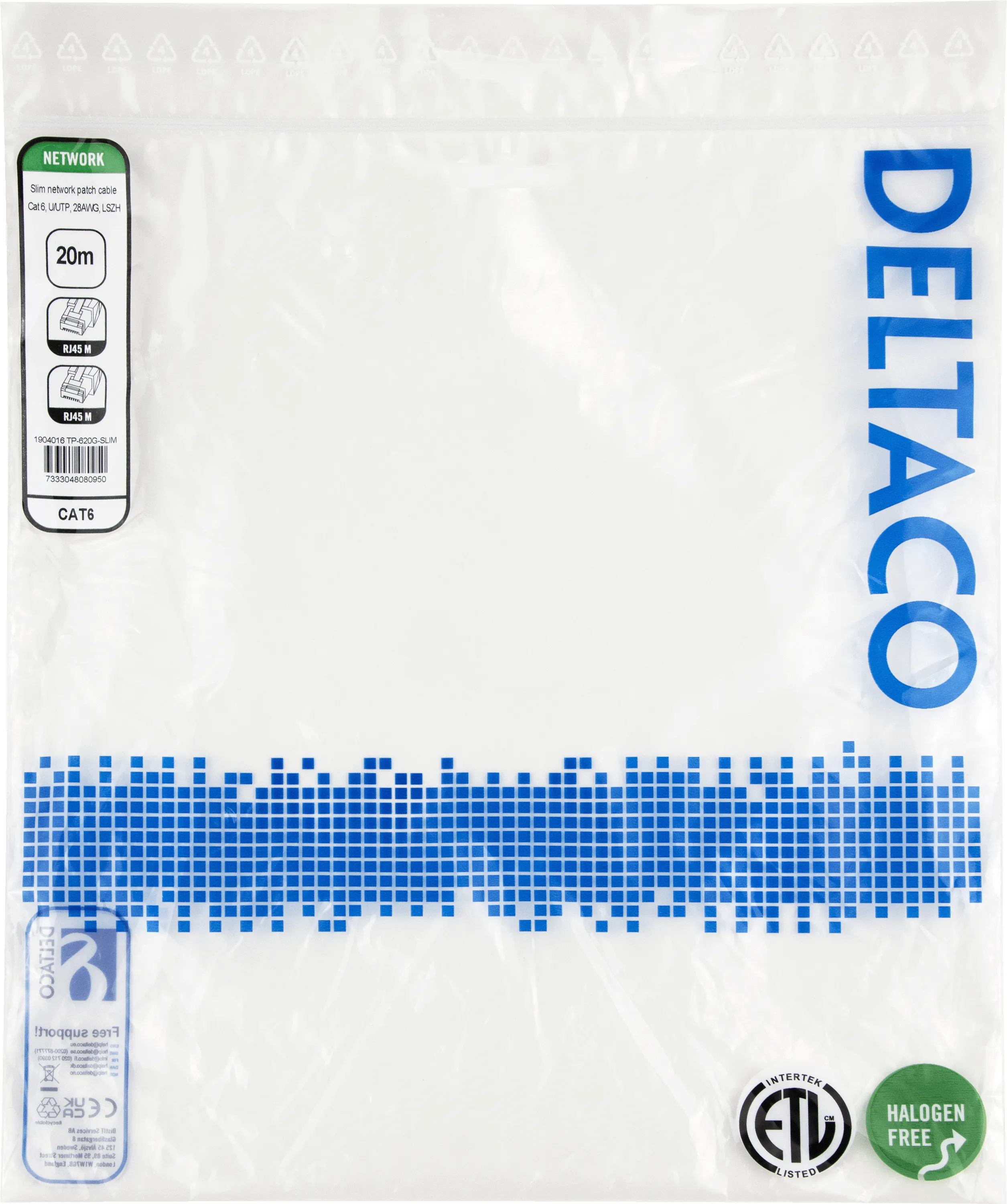 Deltaco Cat6 UTP RJ45 20m -verkkokaapeli, vihre&auml;