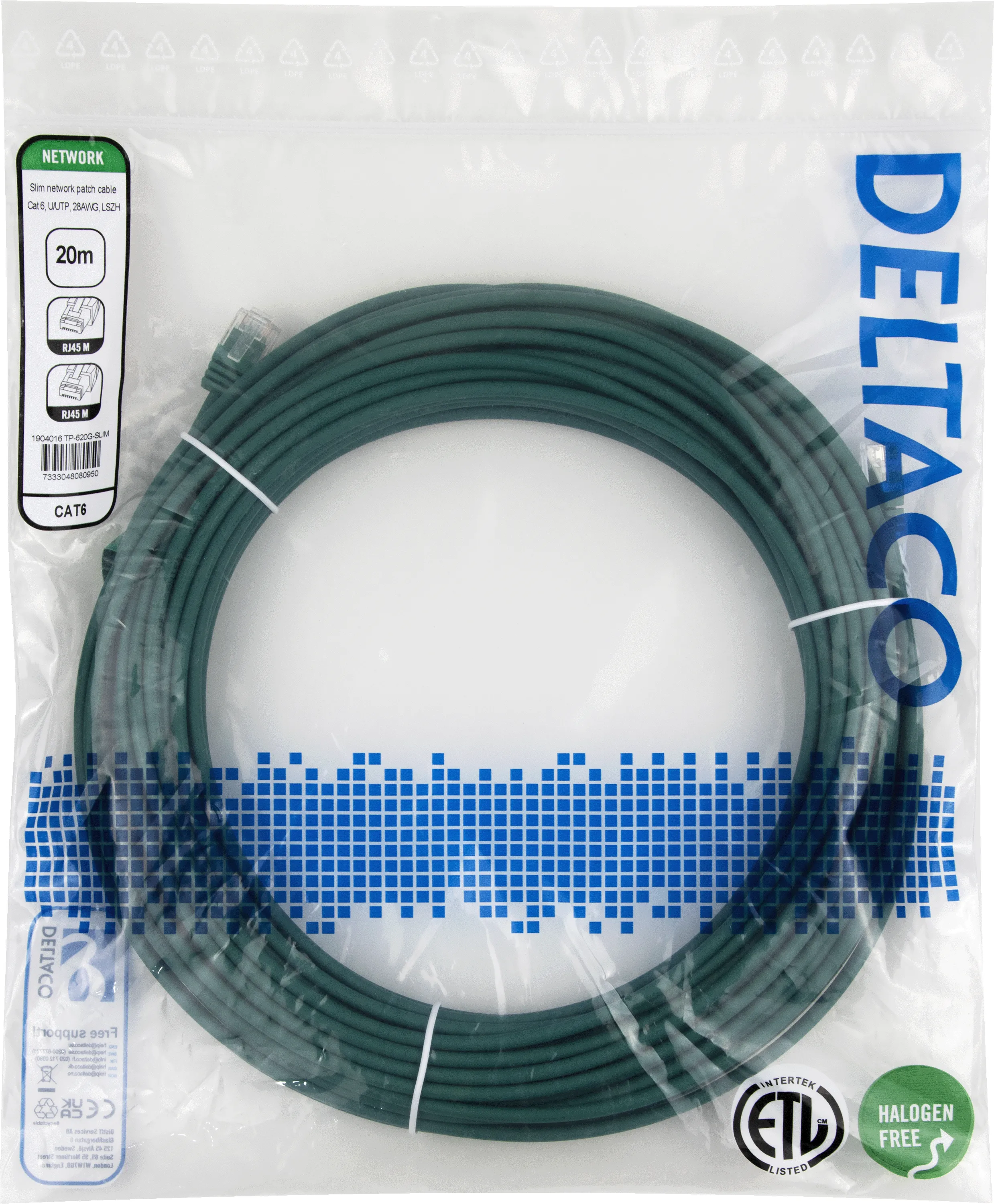 Deltaco Cat6 UTP RJ45 20m -verkkokaapeli, vihre&auml;