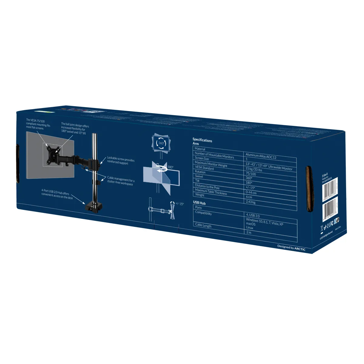 Arctic Z1 Gen 3, USB Hub - monitor arm, black, 49&quot;, 15kg