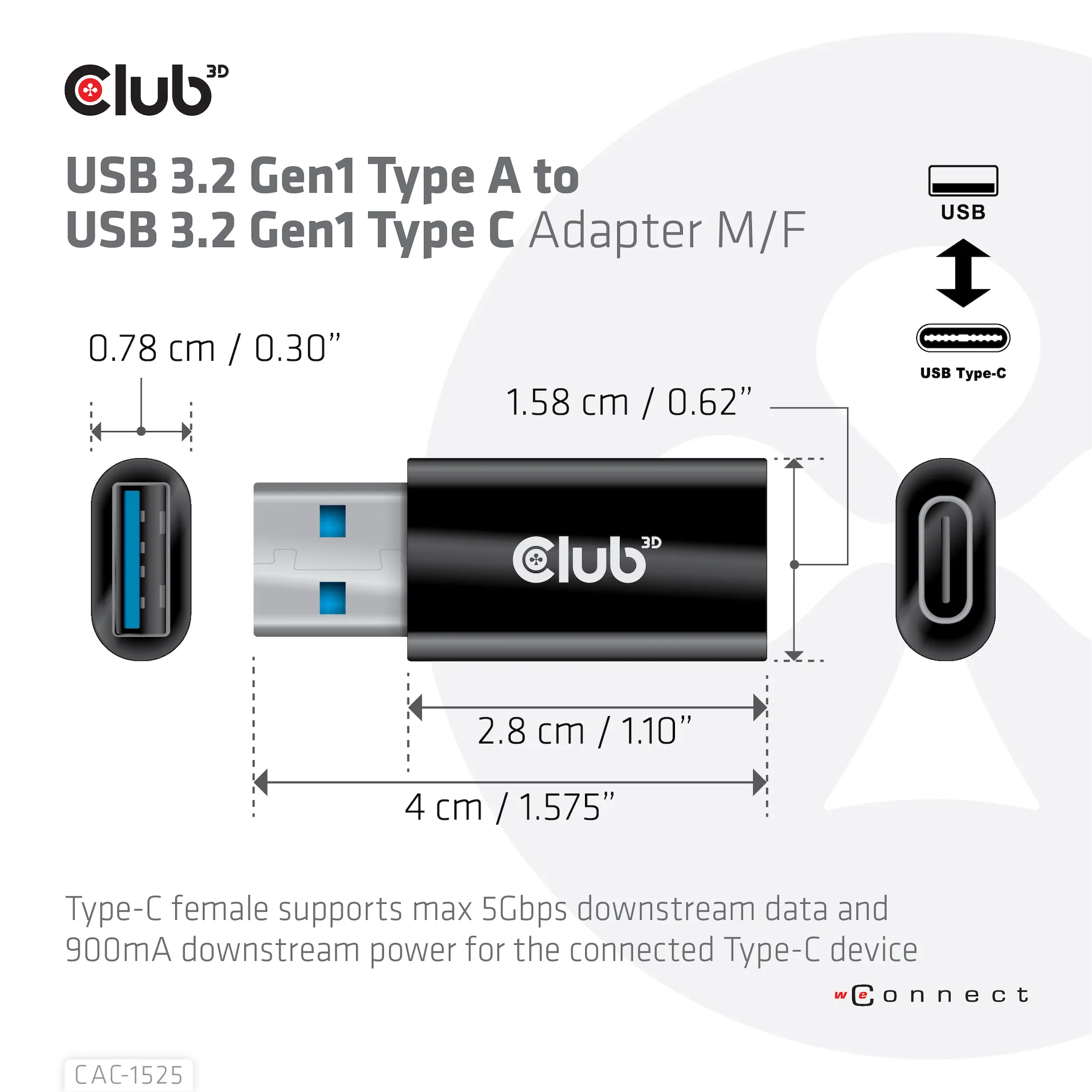 Club 3D 3.2 Gen1 USB-A - USB-C - adapter, Svart