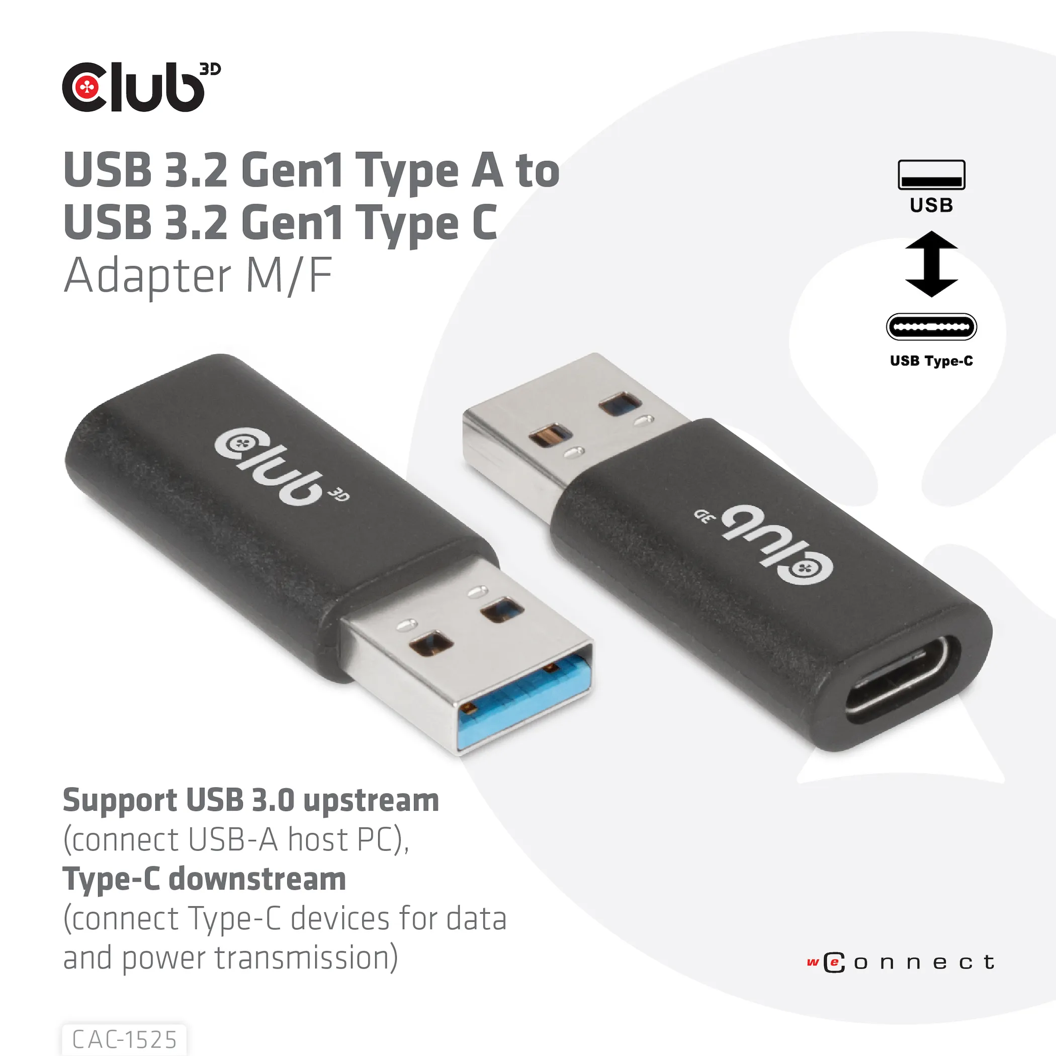 Club 3D 3.2 Gen1 USB-A - USB-C - adapter, Svart