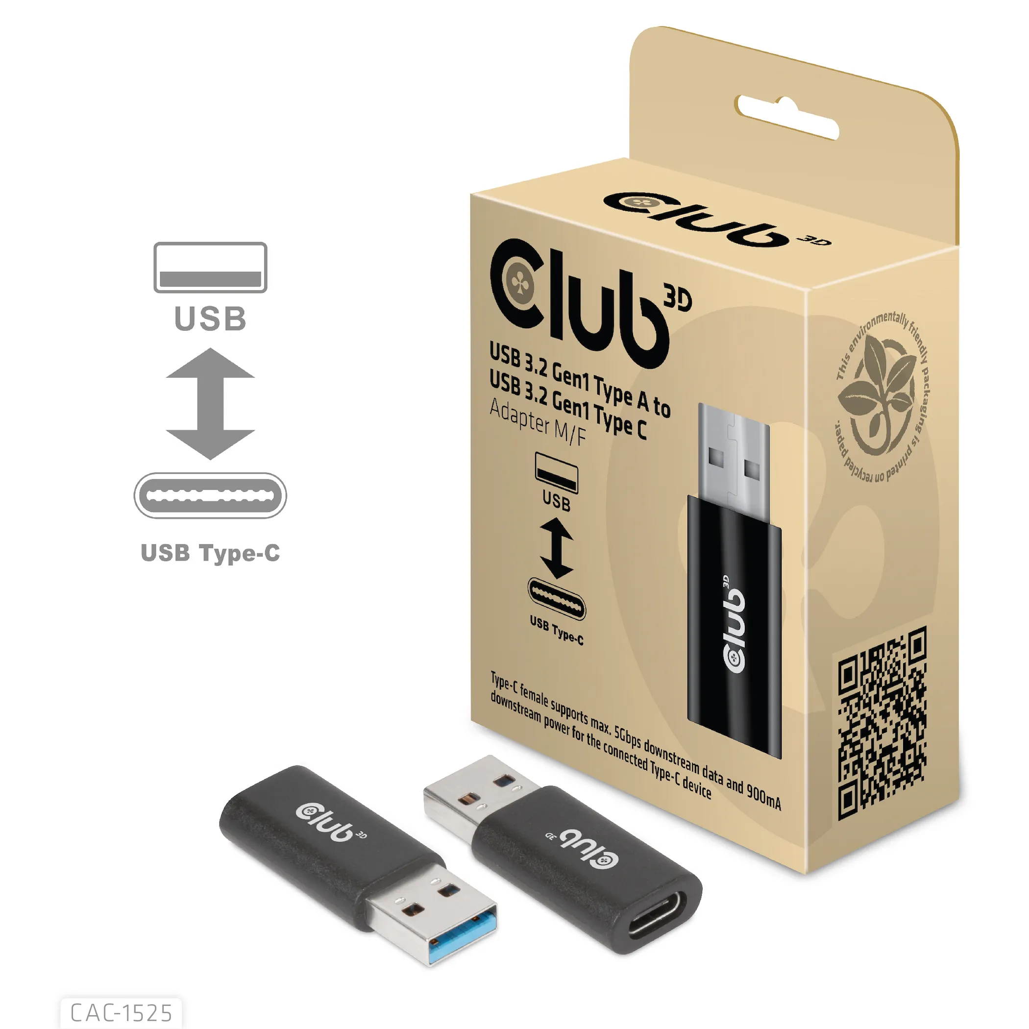 Club 3D 3.2 Gen1 USB-A - USB-C - adapter, Svart