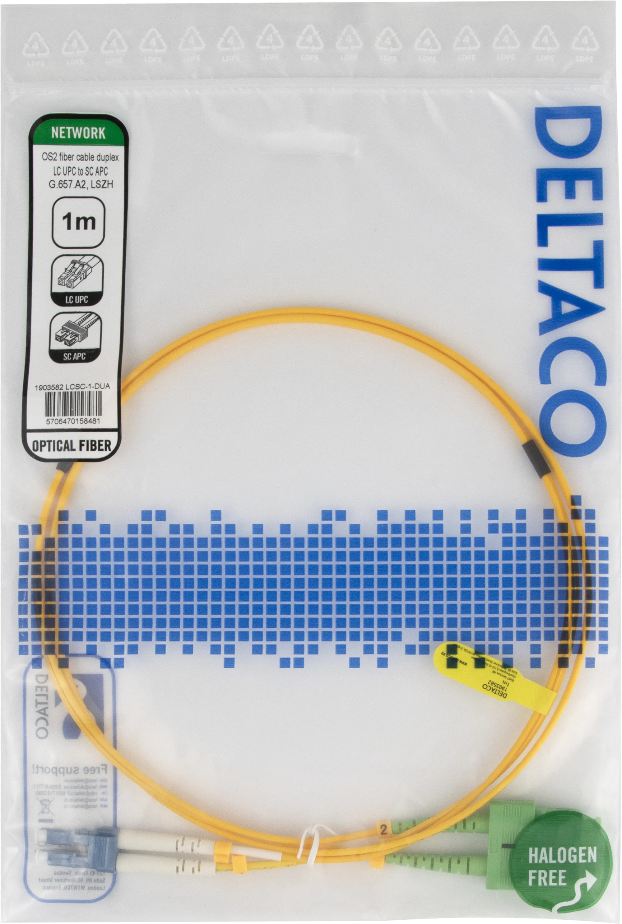 Deltaco OS2 LSZH LC-SC 1m Fiber Optic Cable, Yellow