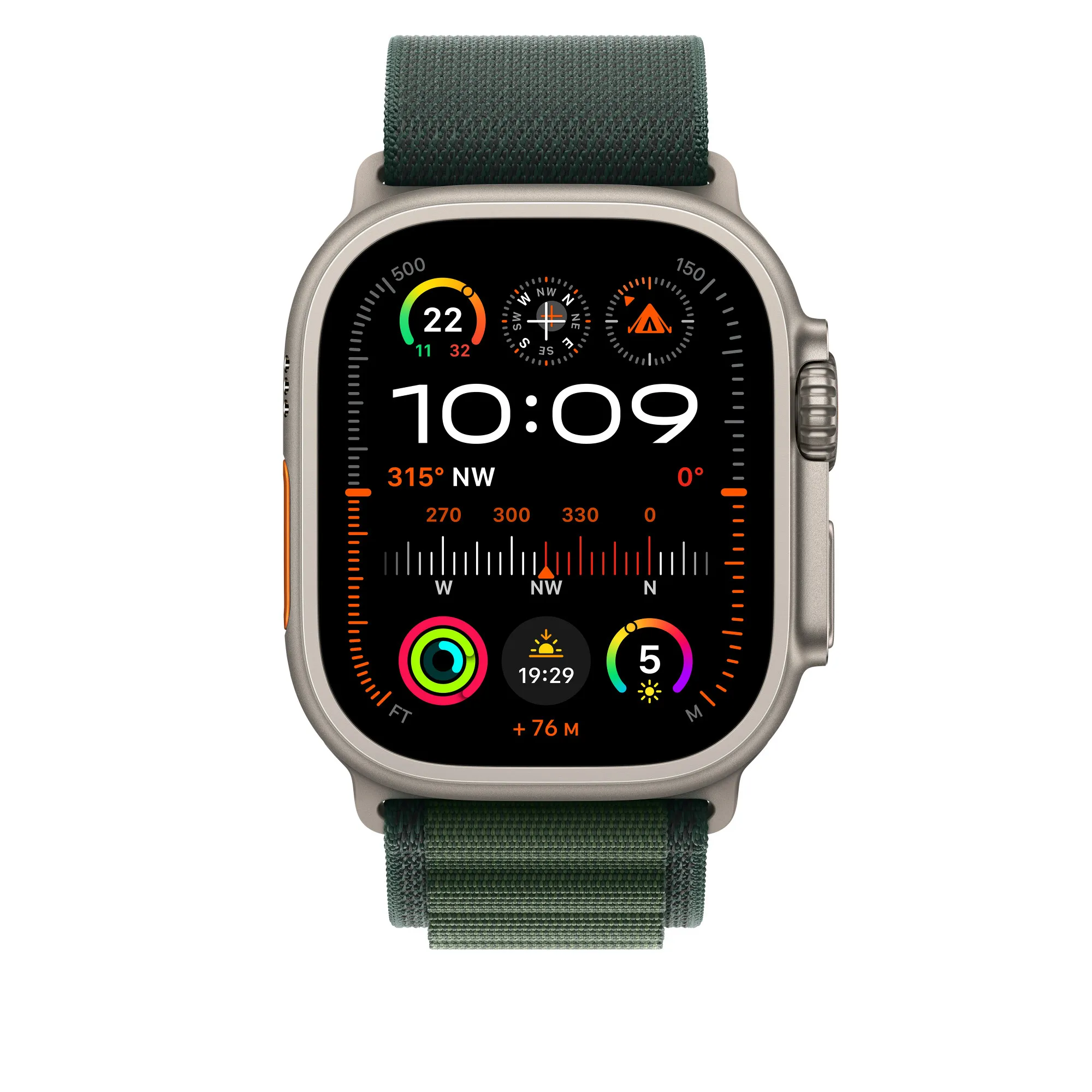 Apple Watch 49 mm -Alpine-ranneke, Tummanvihreä / Luonnontitaani, Keskikokoinen