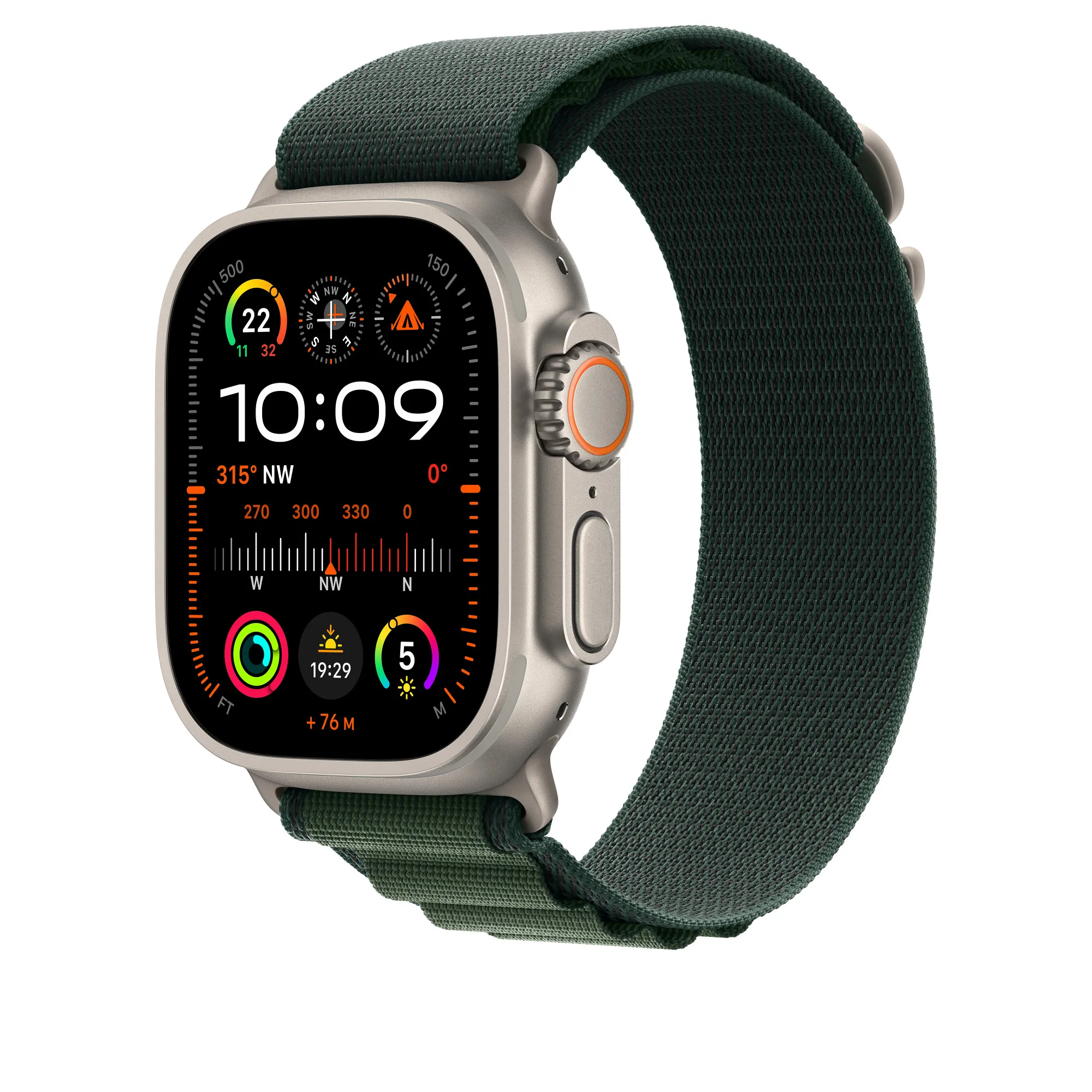 Apple Watch 49 mm -Alpine-ranneke, Tummanvihreä / Luonnontitaani, Keskikokoinen