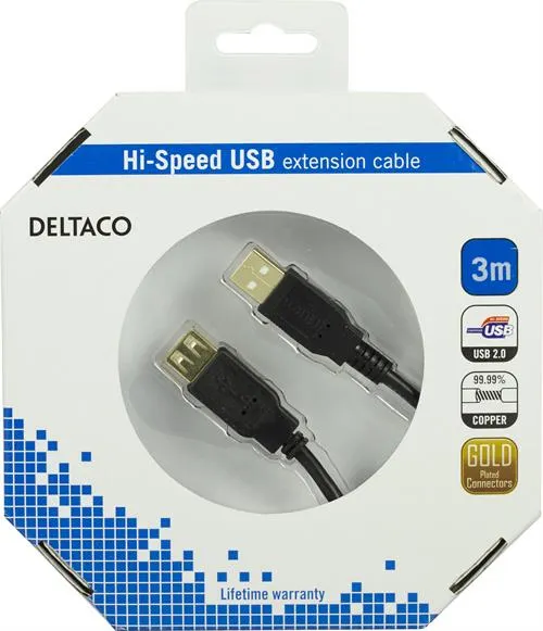 Deltaco USB-A - extension cable, 3 m, Black