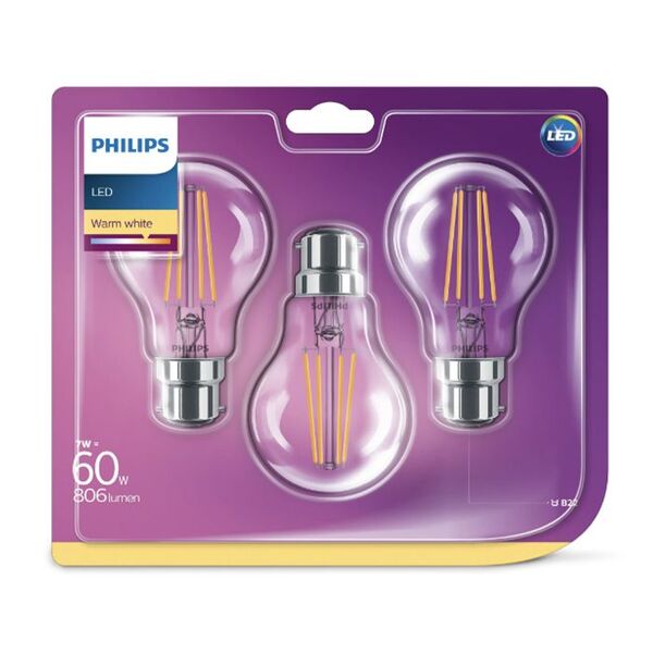Philips LED-filamentlampa A60 E27 7 W (60 W) 806 lm 2700 K Varmvit Klar 3-pack